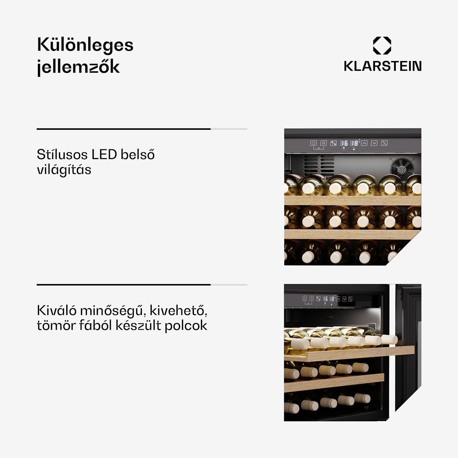 Rhone 28 Duo borhűtő, 28 palack, LED vezérlés, push-to-open, csendes 28 palack | 1 hűtőzóna | Fekete