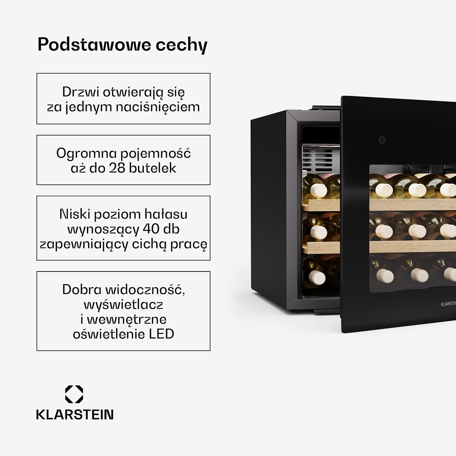 Lodówka na wino Rhone 28 Uno, 28 butelek, sterowanie LED, otwieranie push-to-open, cicha 28 butelek | 1 strefa chłodzenia | Czarny