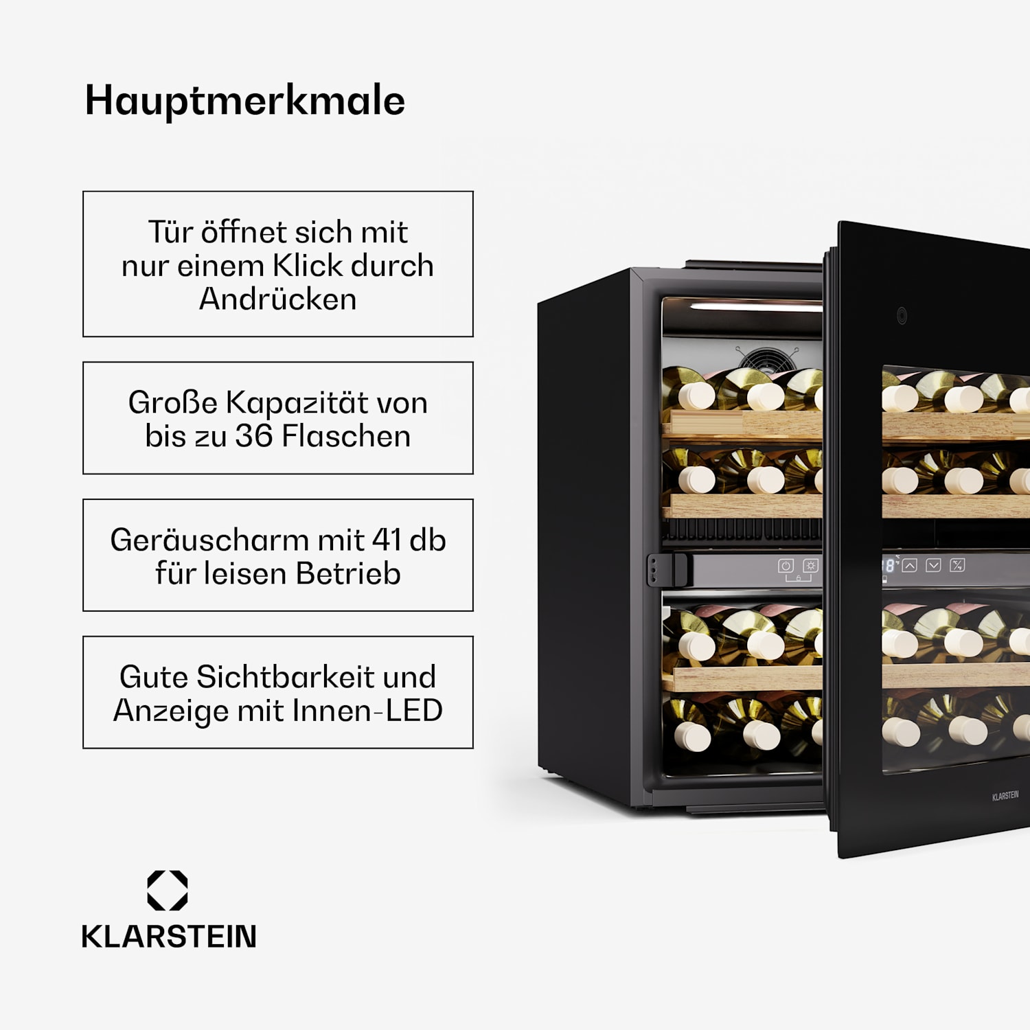 Rhone 36 Duo Weinkühlschrank | 36 Flaschen | LED-Steuerung | Push-to-Open | leise 36 Flaschen | 2 Kühlzonen | Schwarz