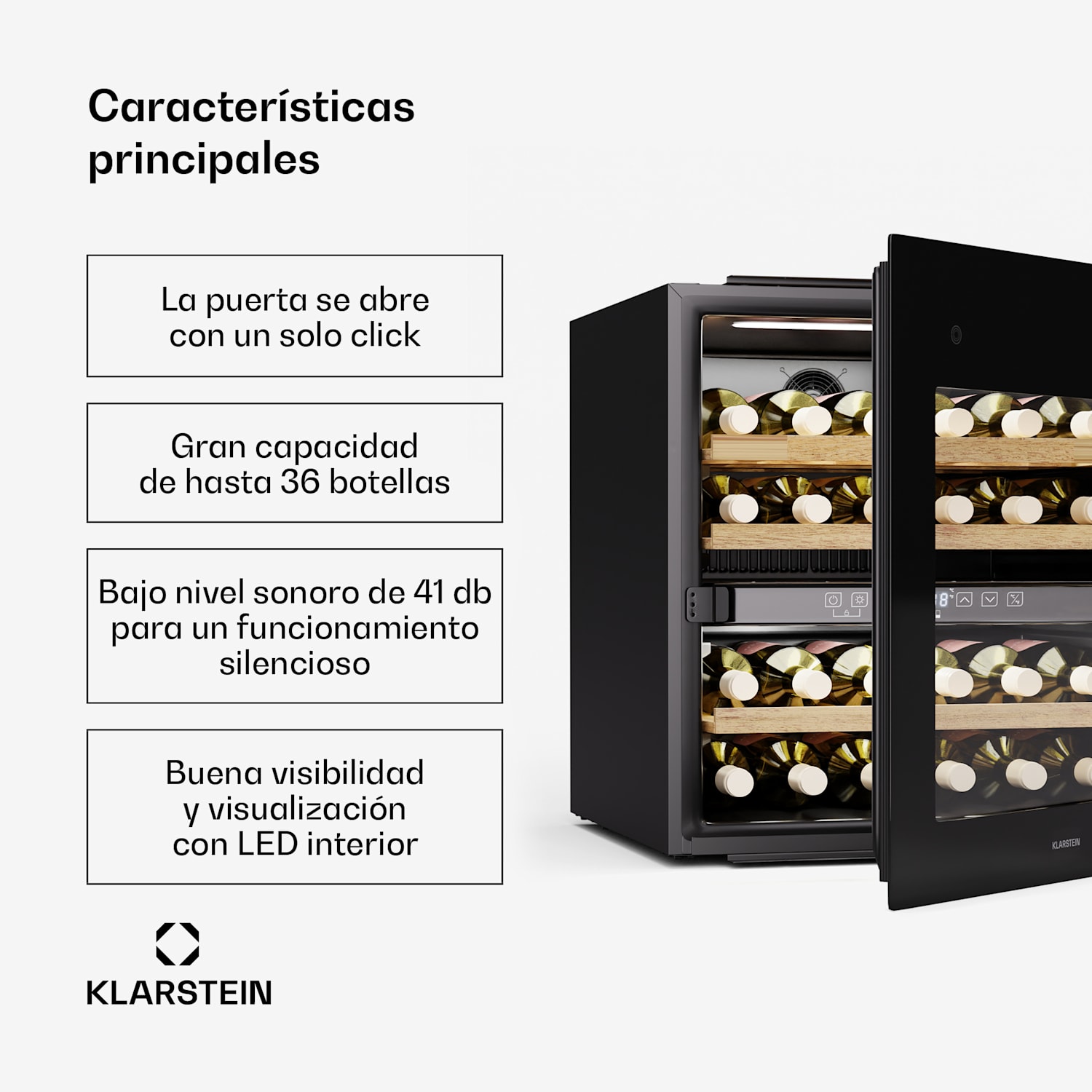 Rhone 36 Duo refrigerador de vino | 36 botellas | control LED | pulsar para abrir | silencioso 36 botellas | 2 zonas de refrigeración | Negro