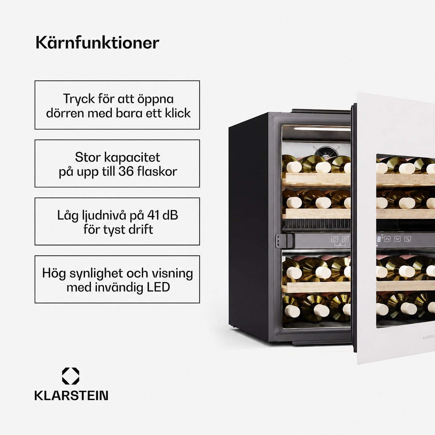 Rhone 36 Duo vinkyl | 36 flaskor | LED-styrning | Push-to-Open | tystgående 36 flaskor | 2 kylzoner | Vit