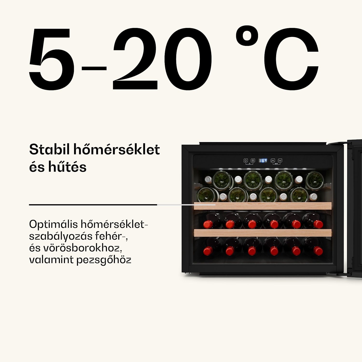 Vinsider Victoria 28 borhűtő, 28 palack, érintés, UV-védelem, LED, csendes, 2 polc, 2 polc 28 palack | Fekete