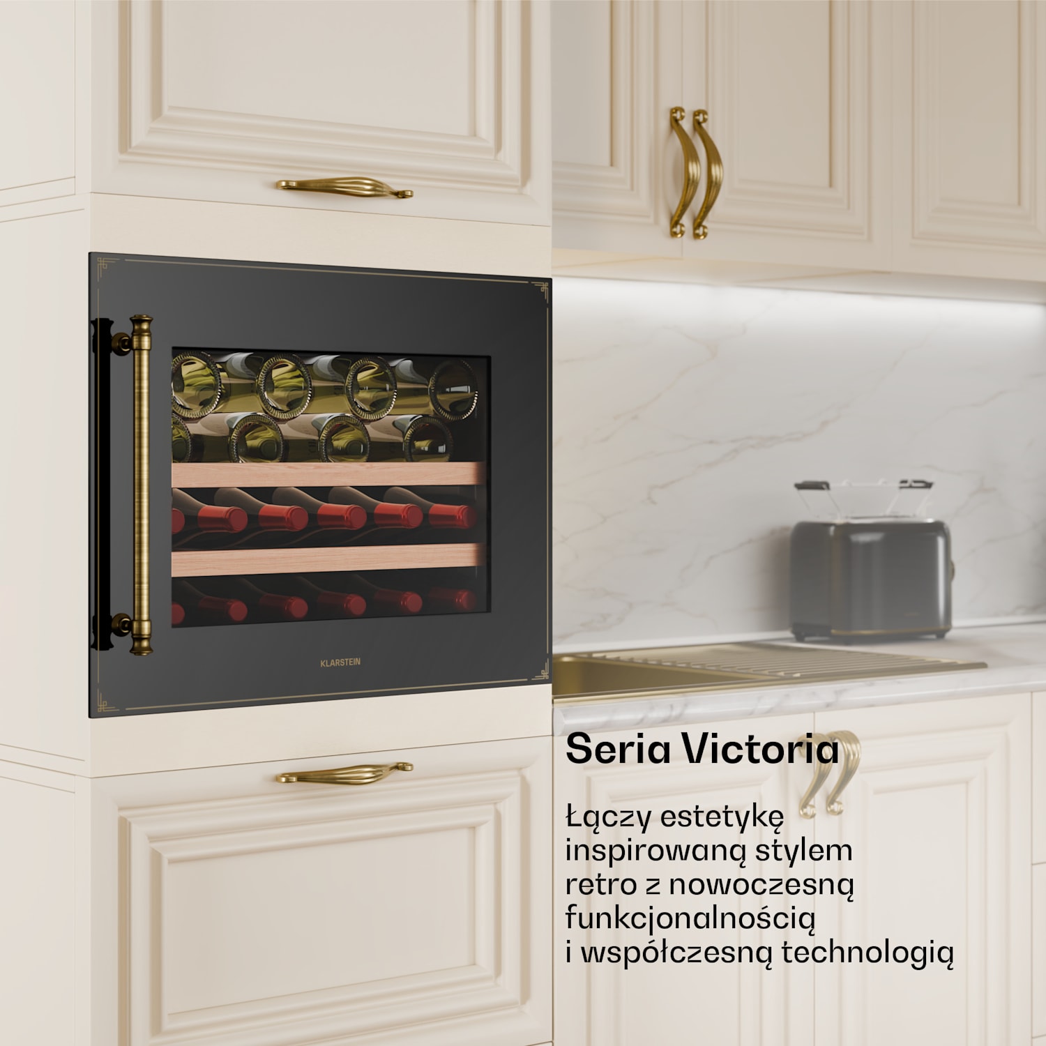 Chłodziarka do wina Vinsider Victoria 28, 28 butelek, dotykowa, ochrona UV, LED, cicha, 2 półki 28 butelek | Czarny