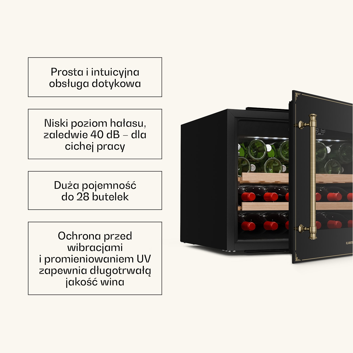Chłodziarka do wina Vinsider Victoria 28, 28 butelek, dotykowa, ochrona UV, LED, cicha, 2 półki 28 butelek | Czarny