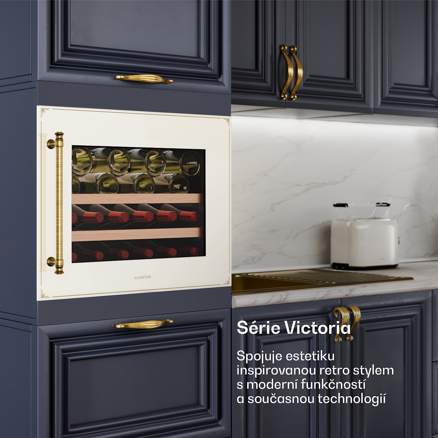 Vinsider Victoria 28 vinotéka, 28 lahví, dotyková, UV ochrana, LED, tichá, 2 police 28 lahví | Vintage krémová