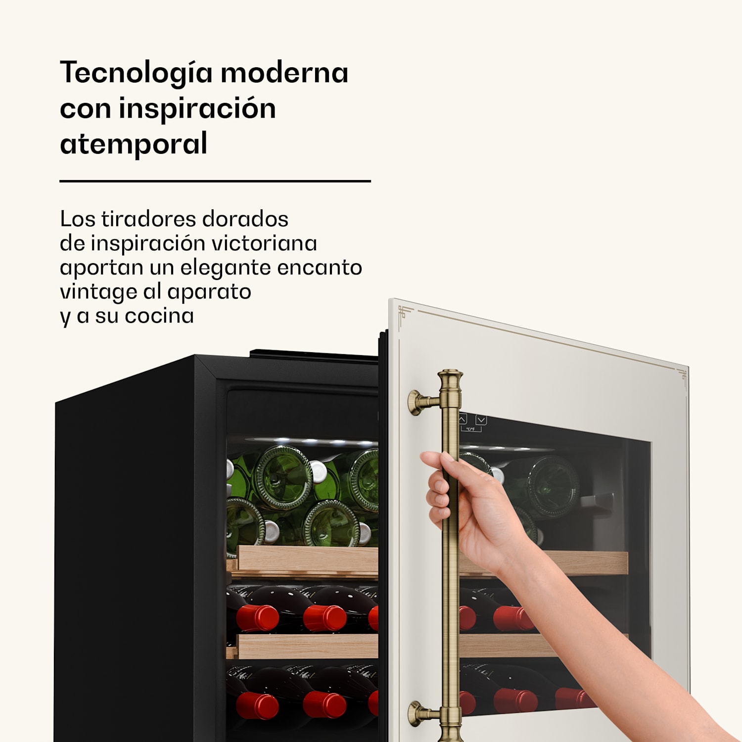 Refrigerador de vino Vinsider Victoria 28 | 28 botellas | táctil | protección UV | LED | silencioso | 2 estantes  28 botellas | Crema Vintage