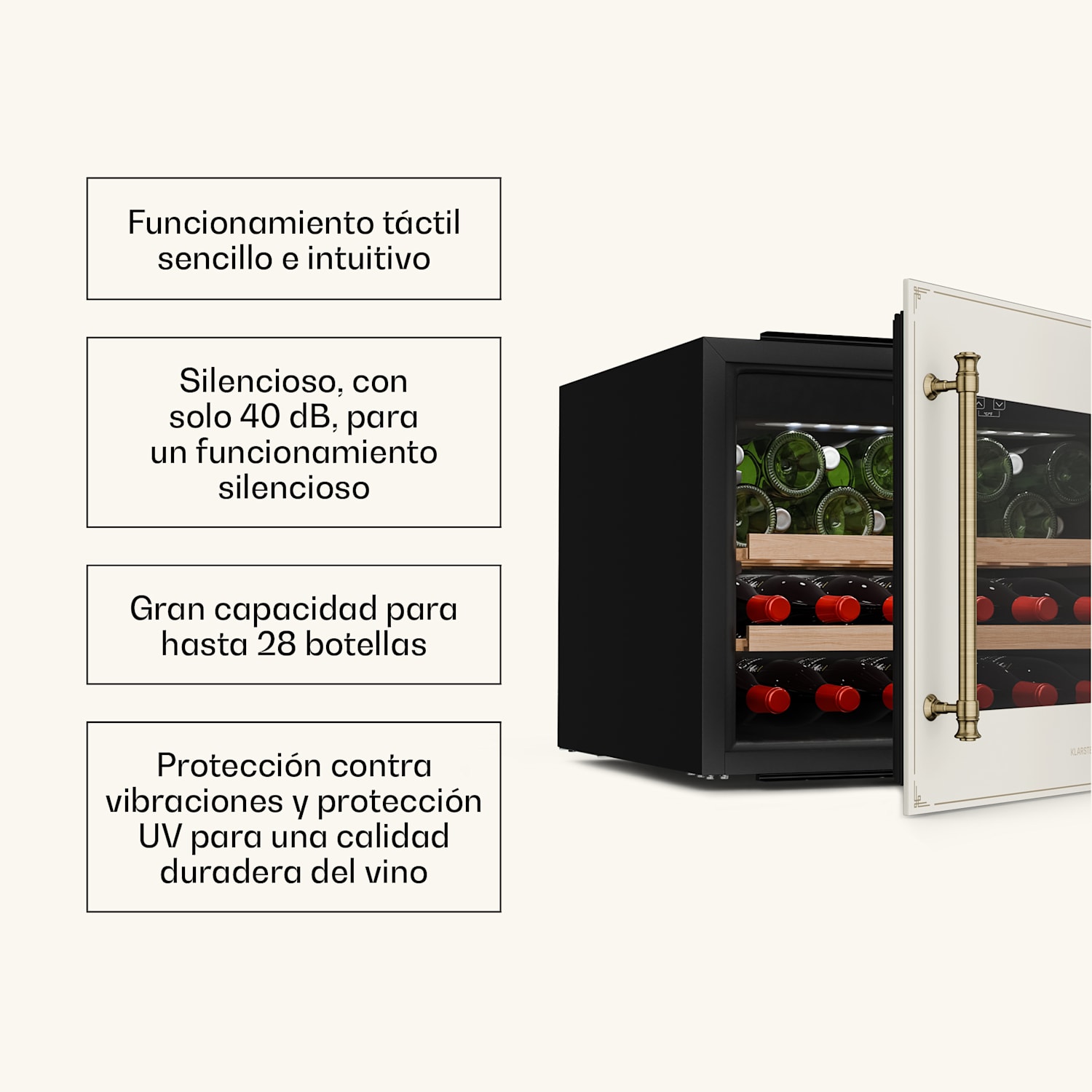 Refrigerador de vino Vinsider Victoria 28 | 28 botellas | táctil | protección UV | LED | silencioso | 2 estantes  28 botellas | Crema Vintage