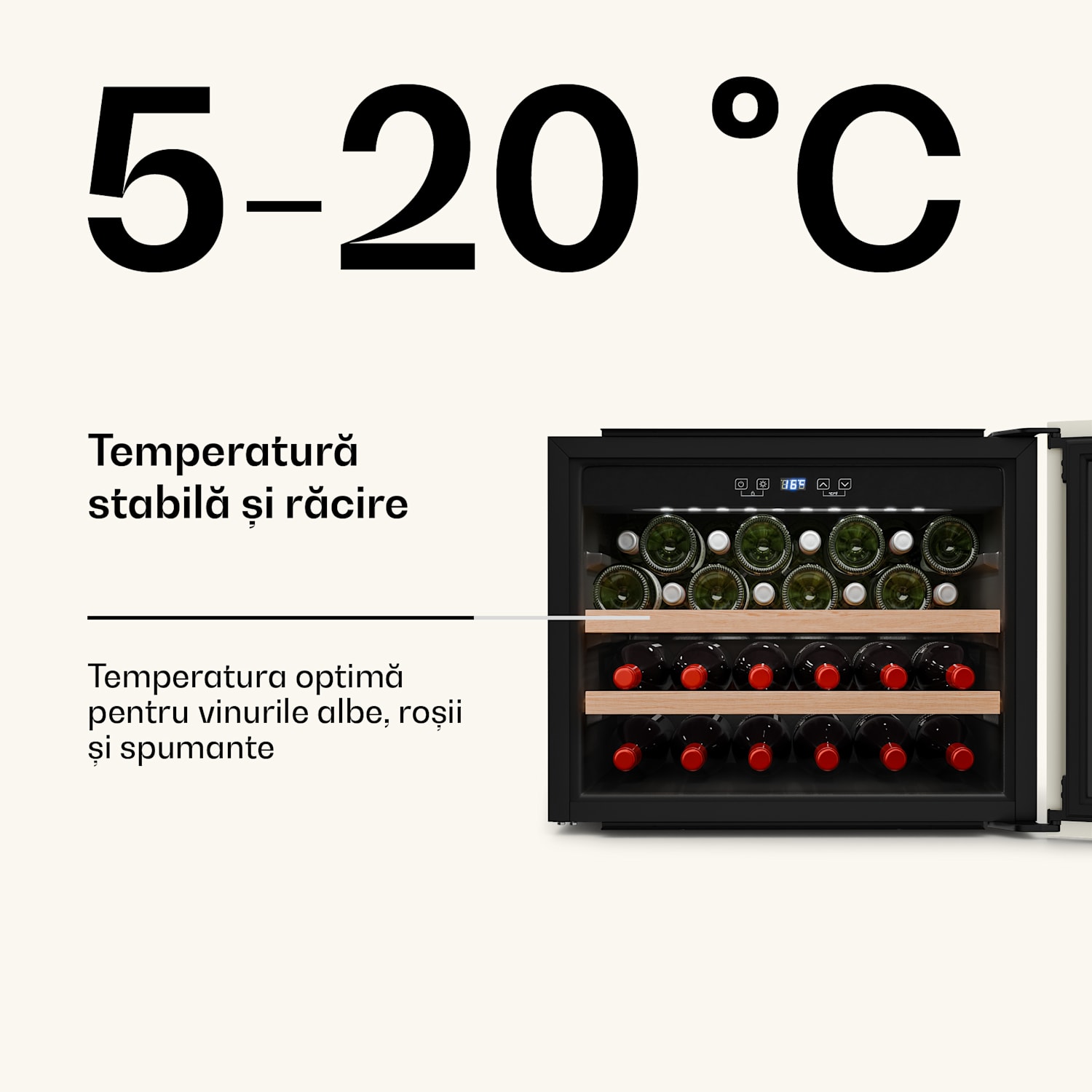 Răcitor de vin Vinsider Victoria 28, 28 sticle, tactil, protecție UV, LED, silențios, 2 rafturi 28 de sticle | Cremă de epocă