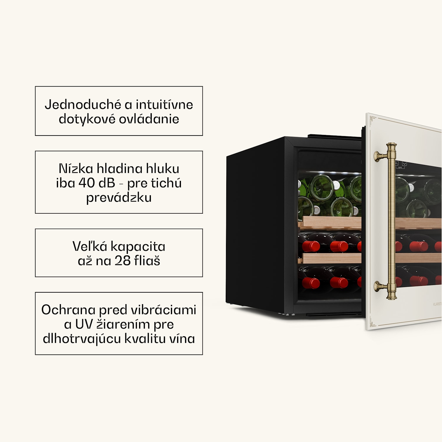 Vinsider Victoria 28 chladnička na víno, 28 fliaš, dotyková, UV ochrana, LED, tichá, 2 police 28 fliaš | Vintage Cream