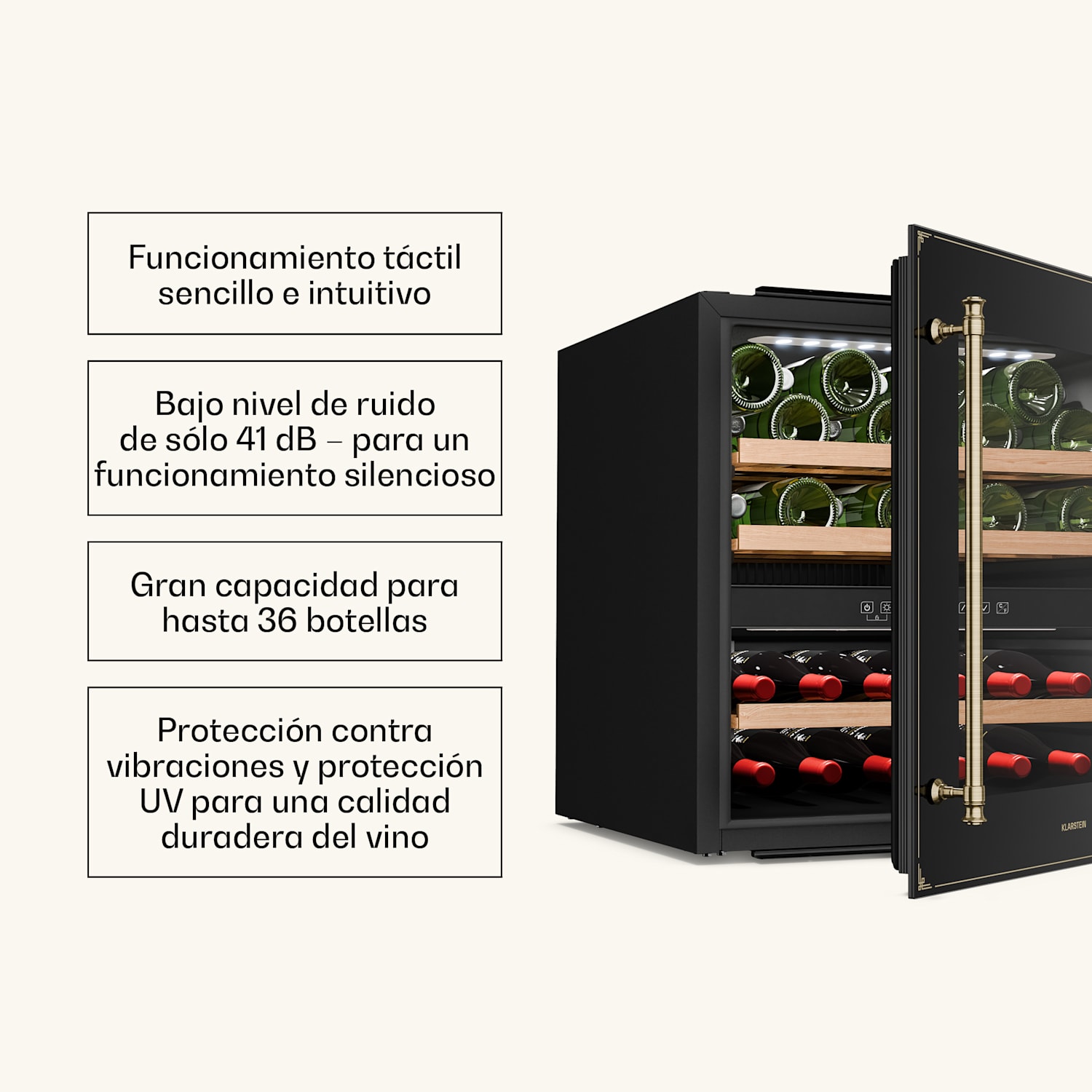 Refrigerador de vino Vinsider Victoria 36 | 36 botellas | táctil | protección UV | LED | silencioso | 3 estantes  36 botellas | Negro
