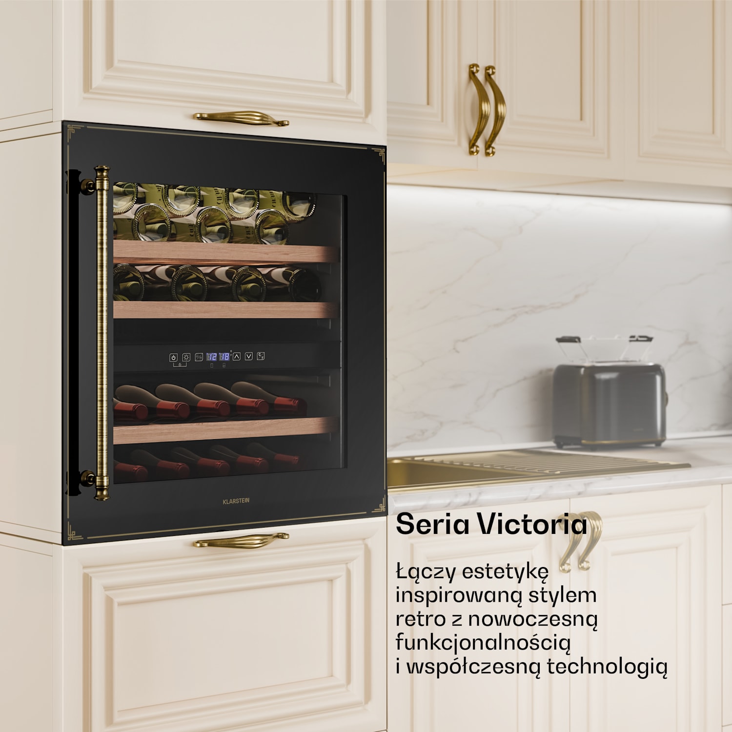 Chłodziarka do wina Vinsider Victoria 36, 36 butelek, dotykowa, ochrona UV, LED, cicha, 3 półki 36 butelek | Czarny