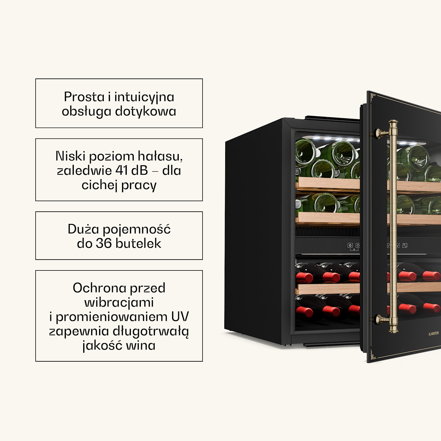 Chłodziarka do wina Vinsider Victoria 36, 36 butelek, dotykowa, ochrona UV, LED, cicha, 3 półki 36 butelek | Czarny