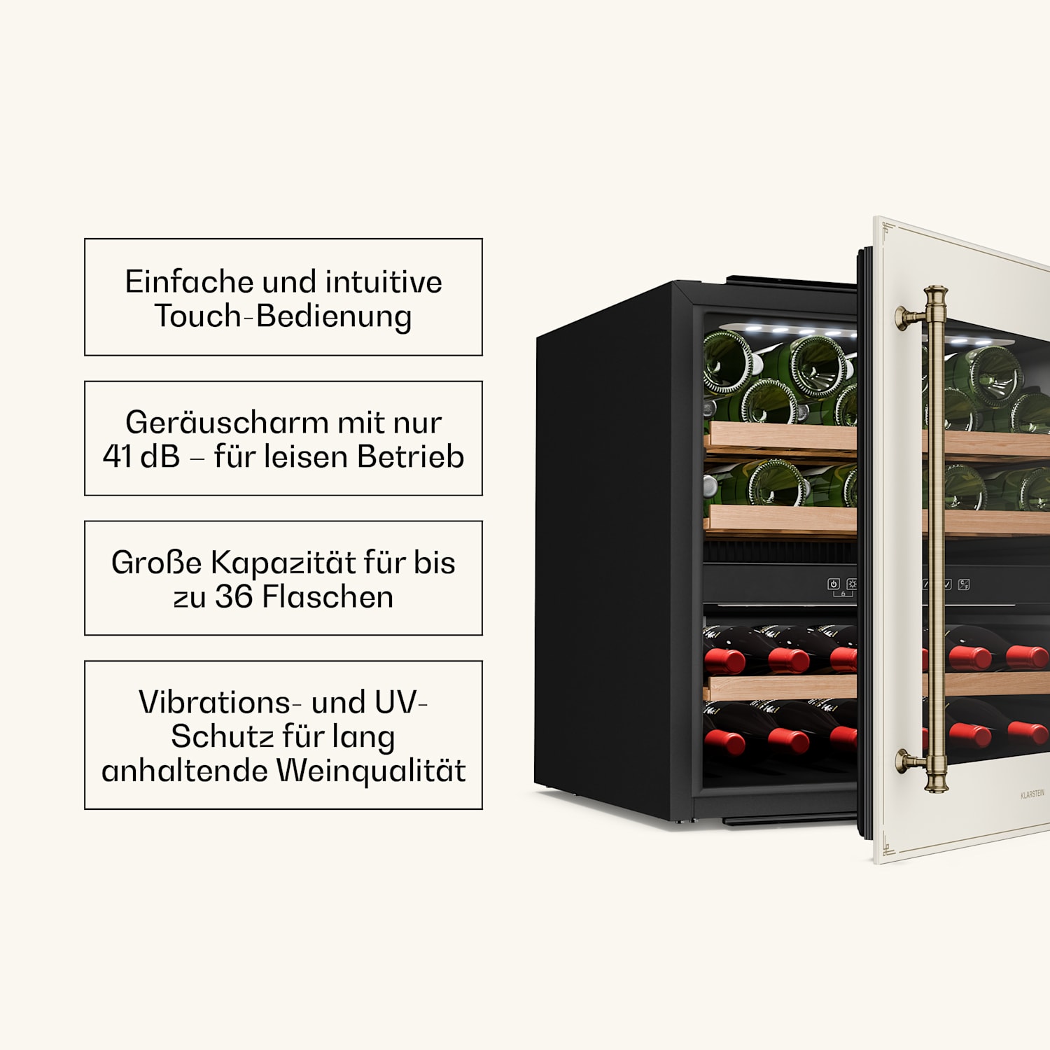 Vinsider Victoria 36 Weinkühlschrank | 36 Flaschen | Touch | UV-Schutz | LED | leise | 3 Regale 36 Flaschen | Vintage-Creme
