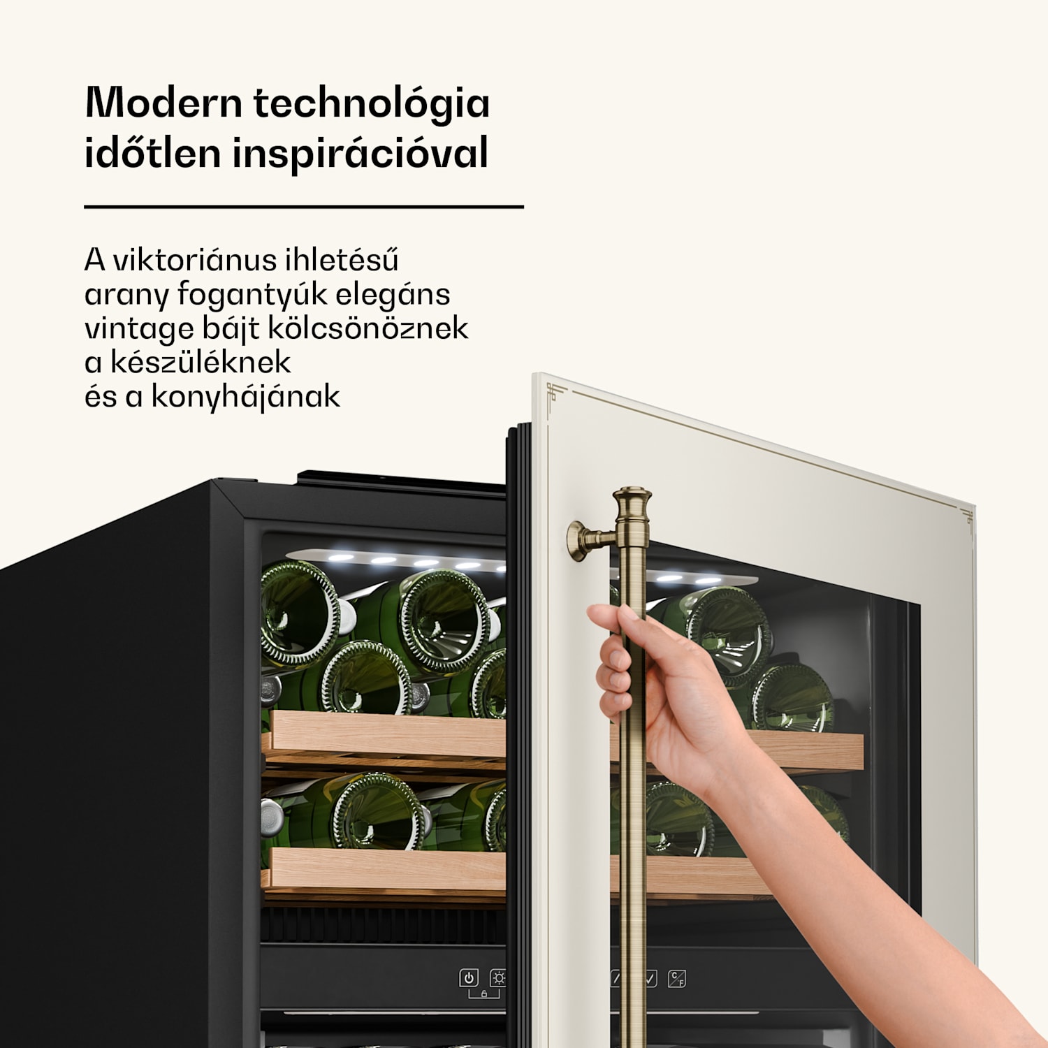 Vinsider Victoria 36 borhűtő, 36 palack, érintés, UV-védelem, LED, csendes, 3 polc 36 palack | Vintage krém