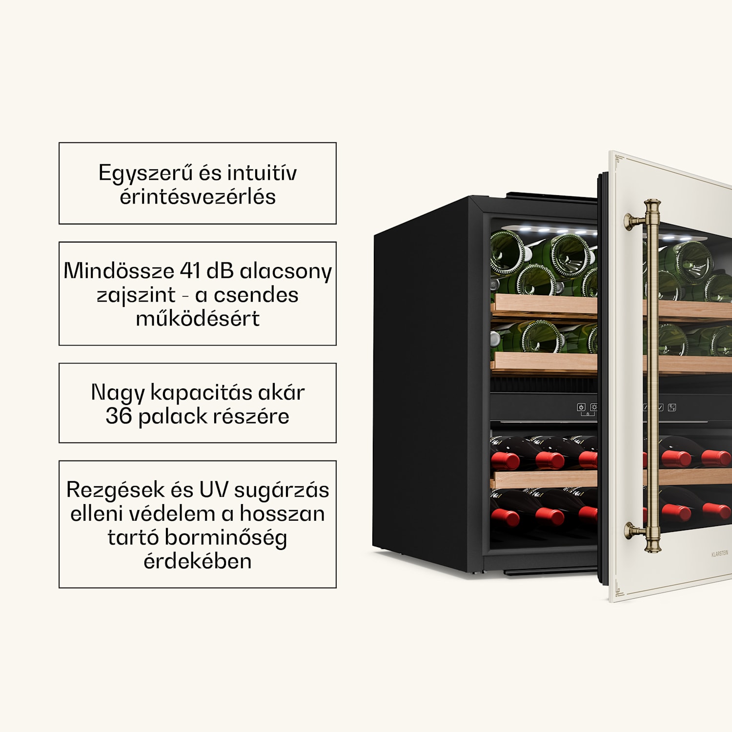 Vinsider Victoria 36 borhűtő, 36 palack, érintés, UV-védelem, LED, csendes, 3 polc 36 palack | Vintage krém