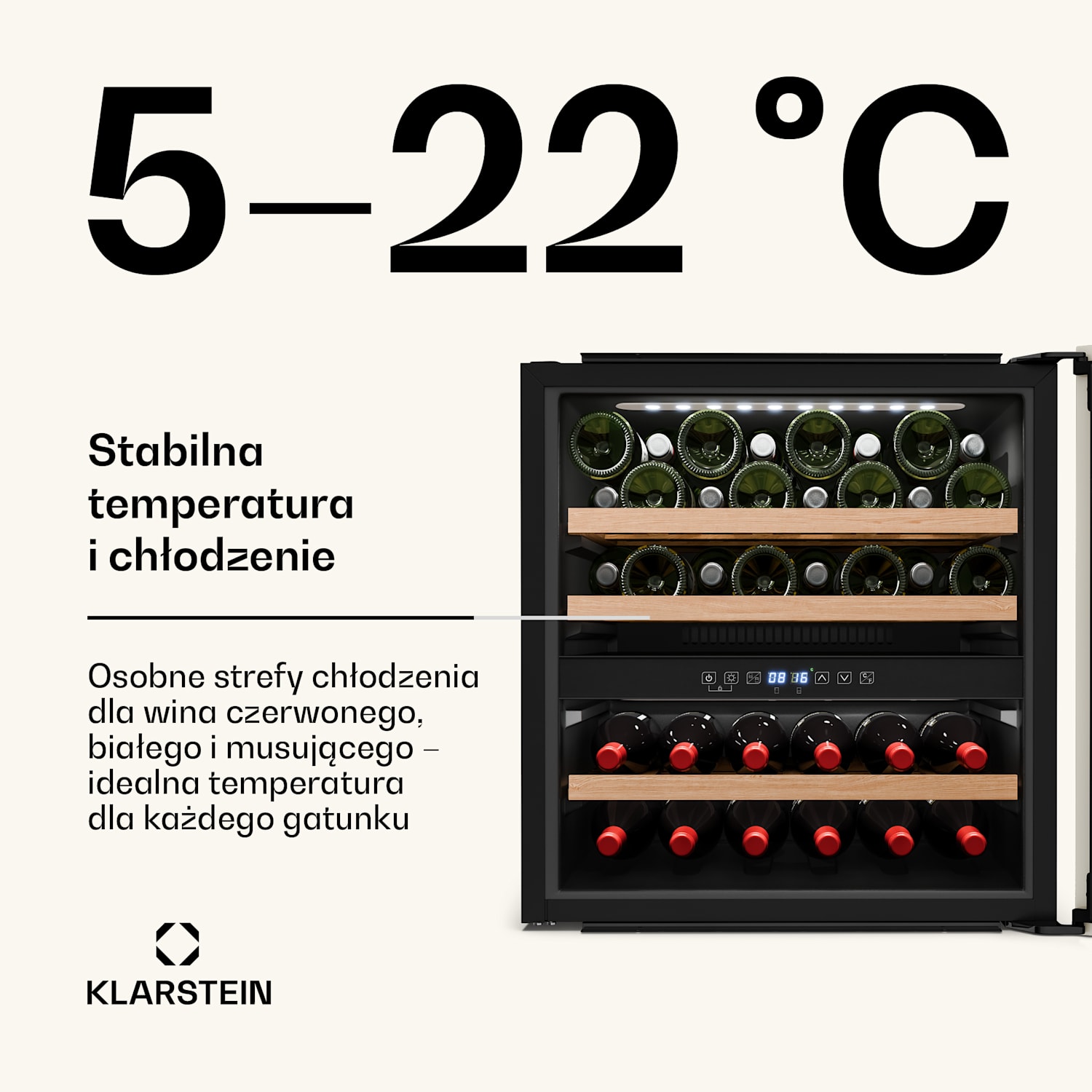 Chłodziarka do wina Vinsider Victoria 36, 36 butelek, dotykowa, ochrona UV, LED, cicha, 3 półki 36 butelek | Vintage Krem