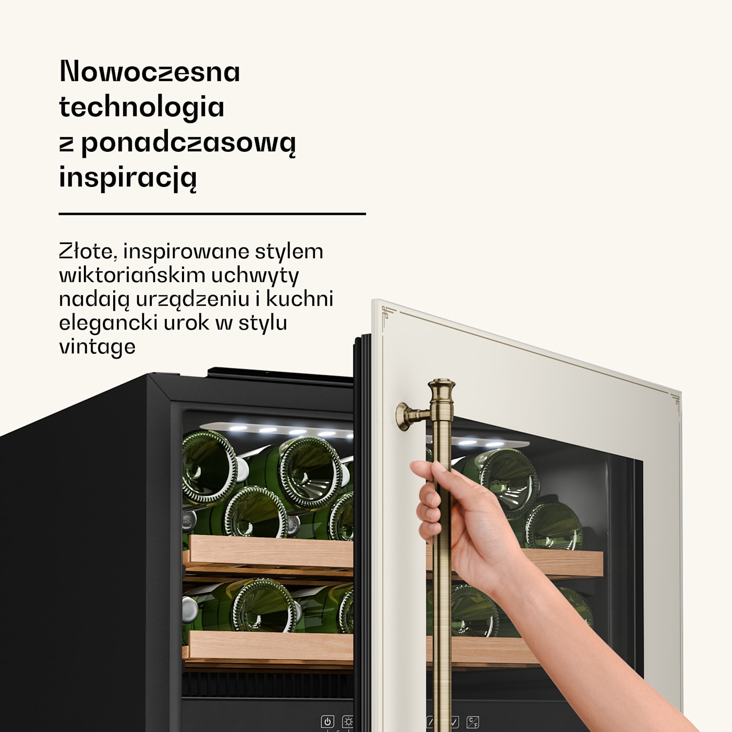 Chłodziarka do wina Vinsider Victoria 36, 36 butelek, dotykowa, ochrona UV, LED, cicha, 3 półki 36 butelek | Vintage Krem