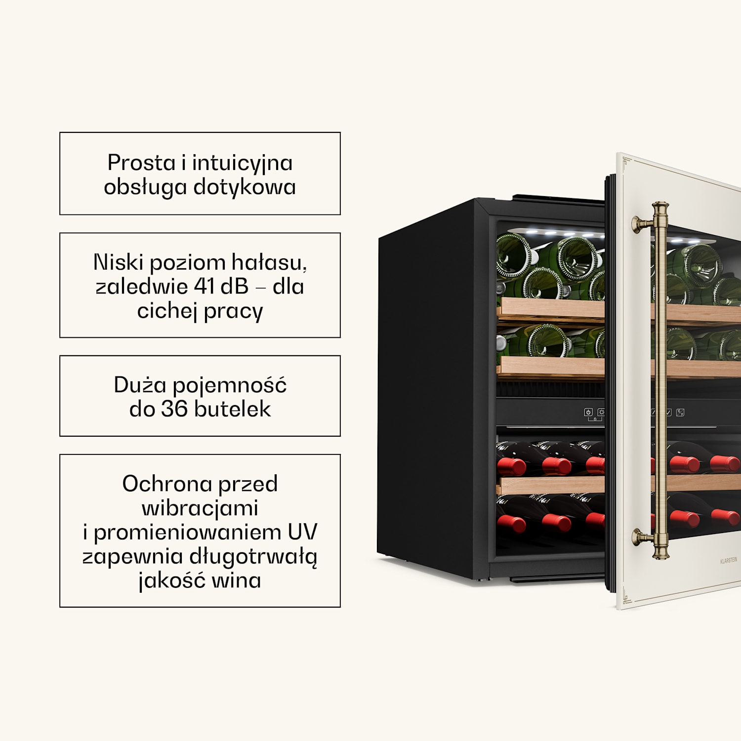 Chłodziarka do wina Vinsider Victoria 36, 36 butelek, dotykowa, ochrona UV, LED, cicha, 3 półki 36 butelek | Vintage Krem