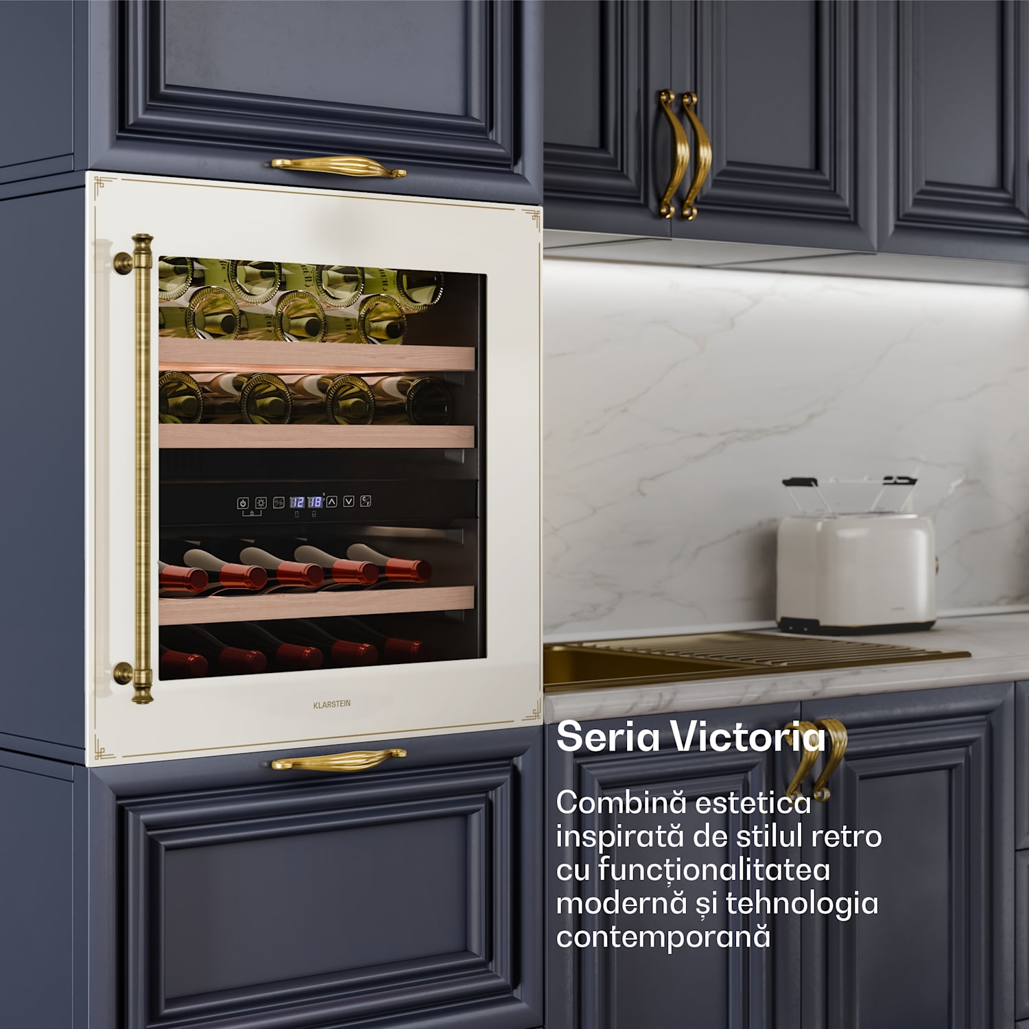 Răcitor de vin Vinsider Victoria 36, 36 sticle, tactil, protecție UV, LED, silențios, 3 rafturi 36 de sticle | Cremă de epocă