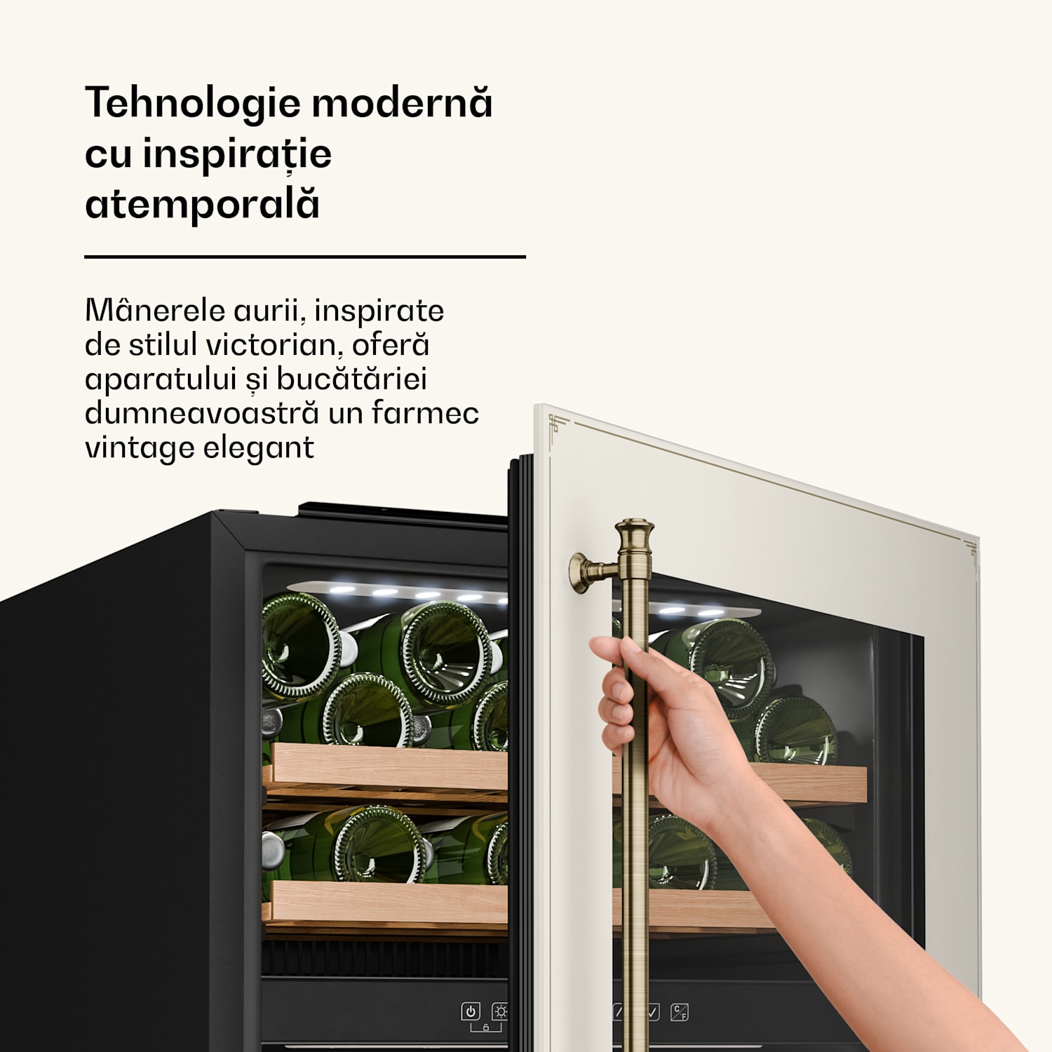 Răcitor de vin Vinsider Victoria 36, 36 sticle, tactil, protecție UV, LED, silențios, 3 rafturi 36 de sticle | Cremă de epocă