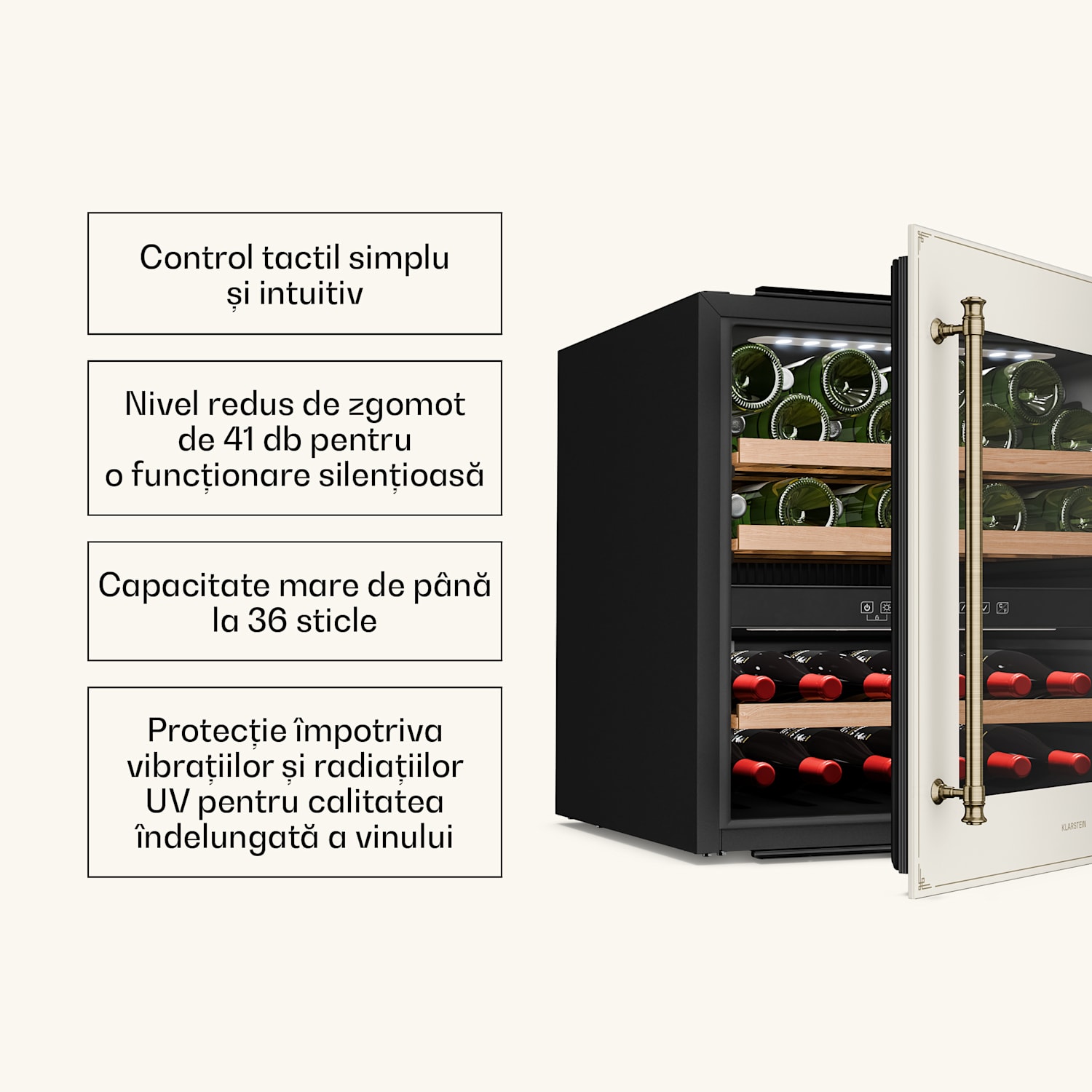 Răcitor de vin Vinsider Victoria 36, 36 sticle, tactil, protecție UV, LED, silențios, 3 rafturi 36 de sticle | Cremă de epocă