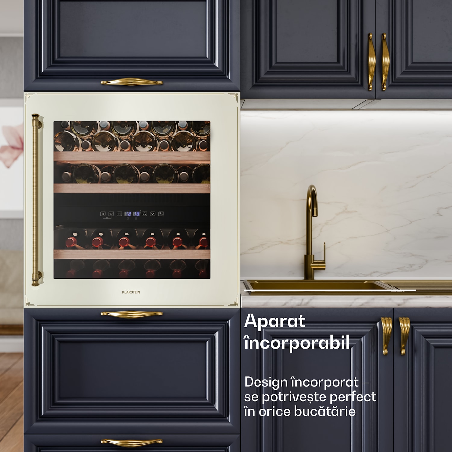 Răcitor de vin Vinsider Victoria 36, 36 sticle, tactil, protecție UV, LED, silențios, 3 rafturi 36 de sticle | Cremă de epocă