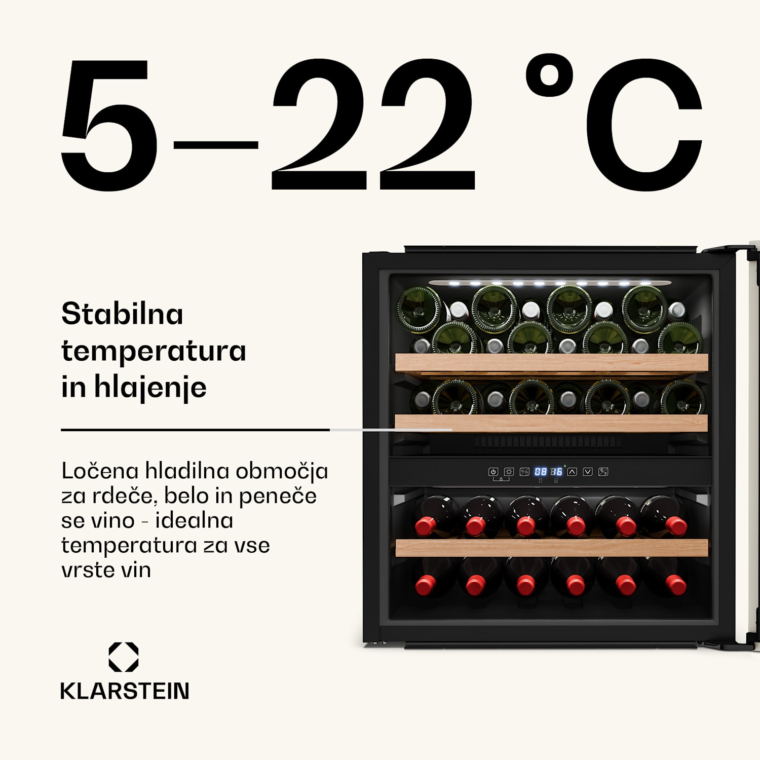 Vinsider Victoria 36 hladilnik za vino, 36 steklenic, na dotik, UV zaščita, LED, tih, 3 police 36 steklenic | Vintage kremna