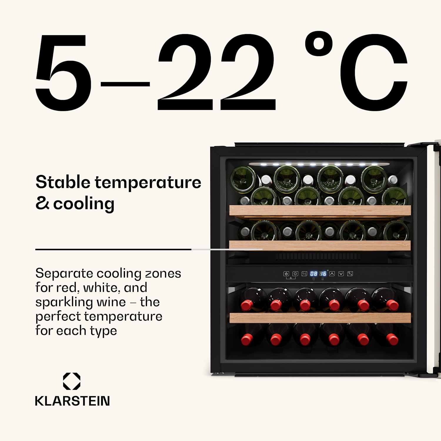 Vinsider Victoria 36 viinikaappi | 36 pulloa | kosketus | UV-suoja | LED | hiljainen | 3 hyllyä 36 pulloa | Vintage Kerma