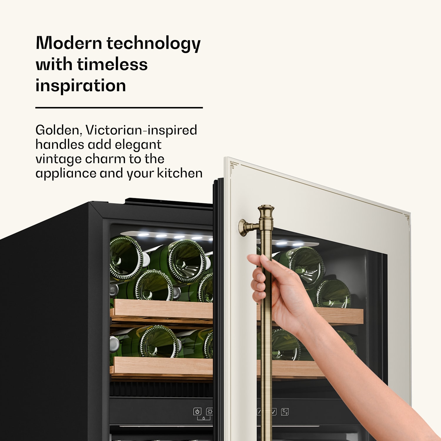 Vinsider Victoria 36 viinikaappi | 36 pulloa | kosketus | UV-suoja | LED | hiljainen | 3 hyllyä 36 pulloa | Vintage Kerma