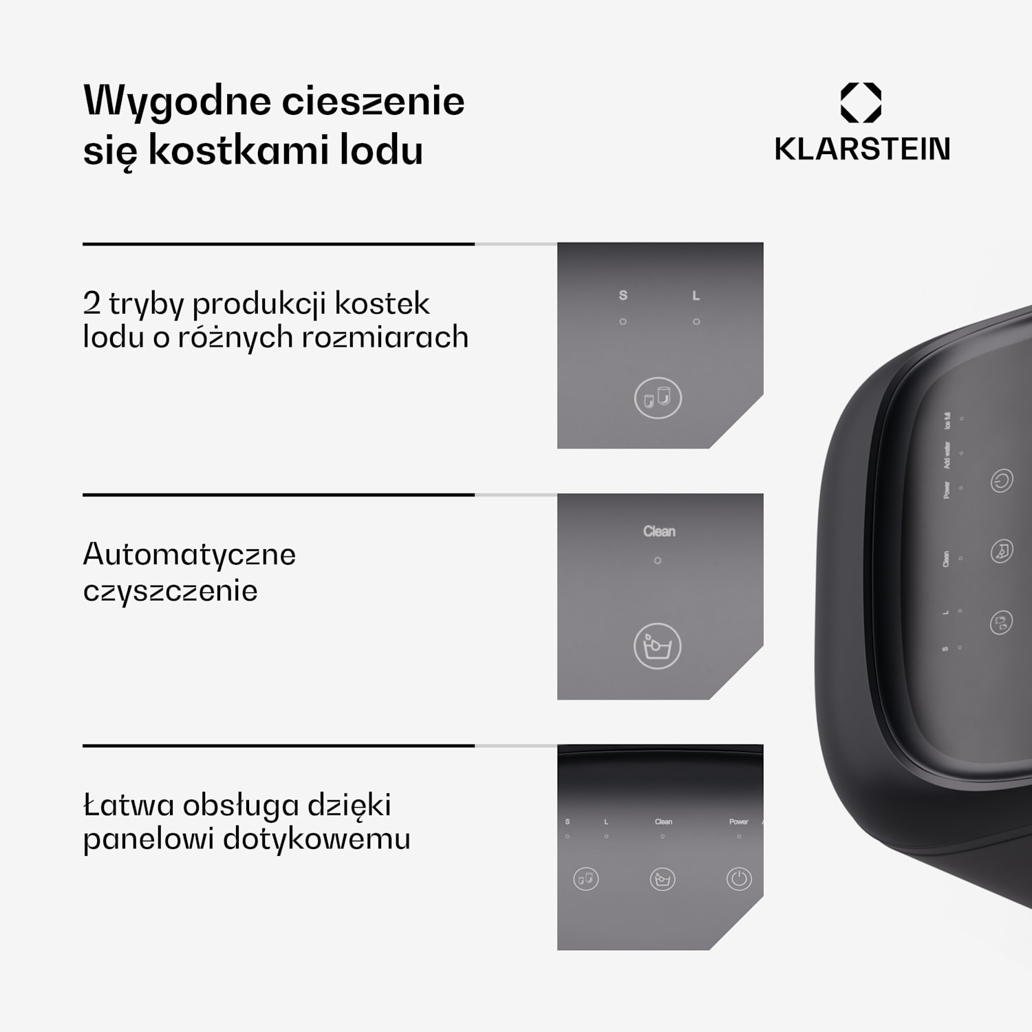 SparkIce kostkarka do lodu, 2 tryby, 1,5 l zimnej wody, czyszczenie automatyczne, 15 kg/doba Czarny