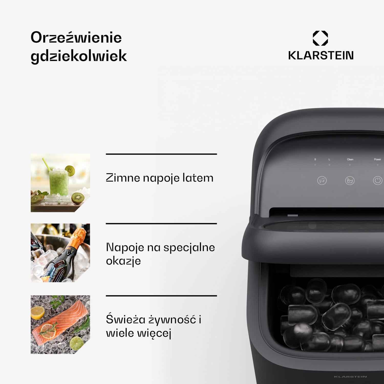 SparkIce kostkarka do lodu, 2 tryby, 1,5 l zimnej wody, czyszczenie automatyczne, 15 kg/doba Czarny