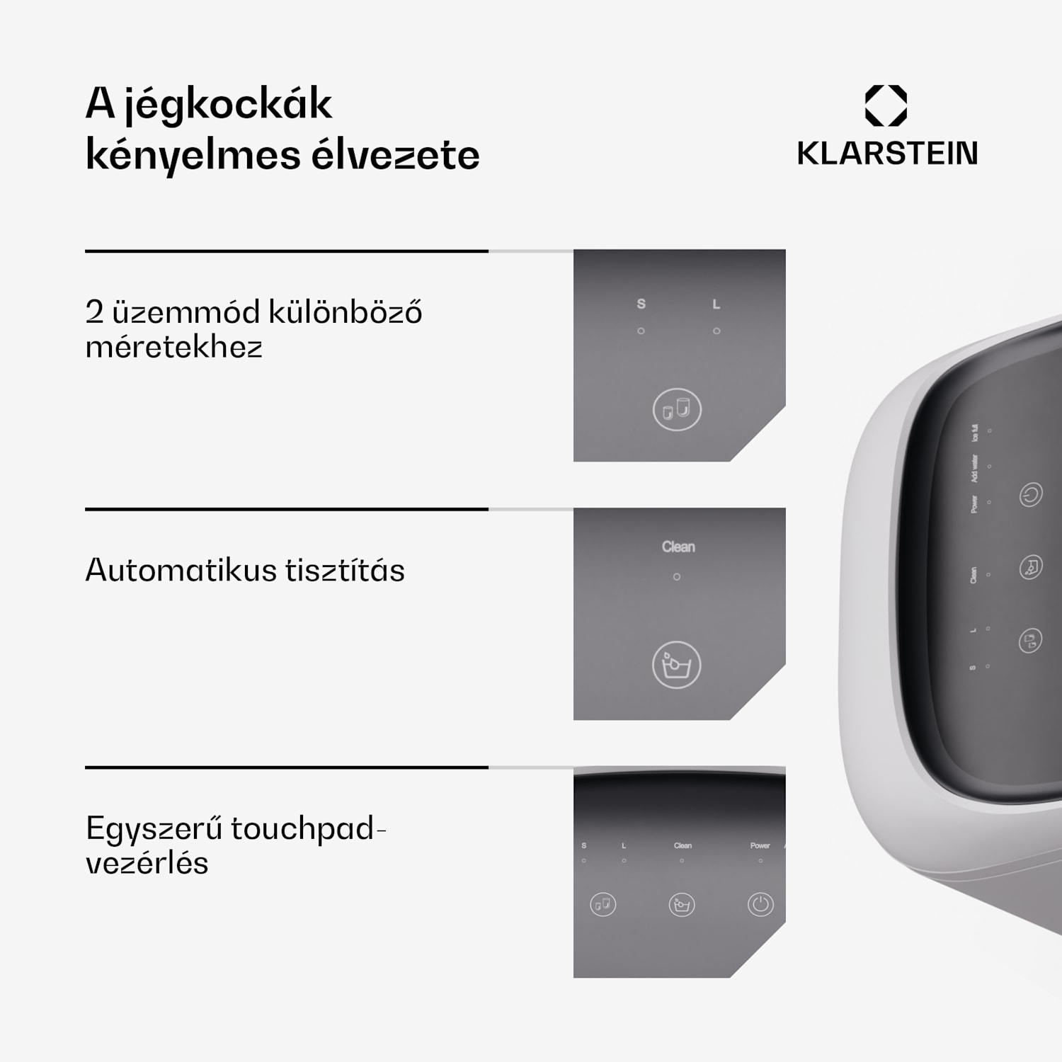 SparkIce jégkocka készítő, 2 üzemmód, 1,5 l hideg víz, automatikus tisztítás, 15 kg/24 óra Fehér