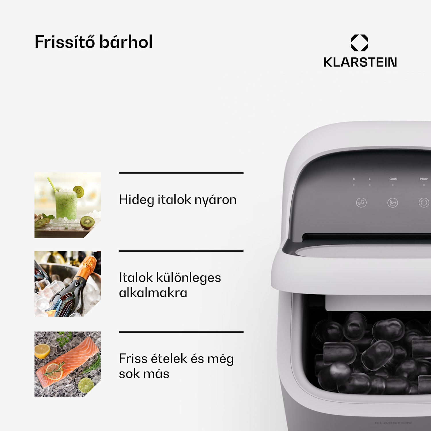 SparkIce jégkocka készítő, 2 üzemmód, 1,5 l hideg víz, automatikus tisztítás, 15 kg/24 óra Fehér