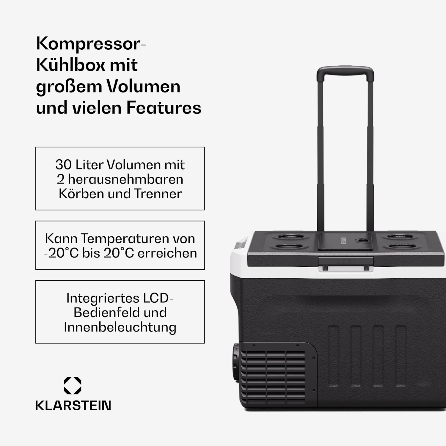 PolarForce 30 L Glacière à compresseur | panneau LCD | éclairage | tout-terrain | protection de la batterie | 12V/230V 30 L | Noir