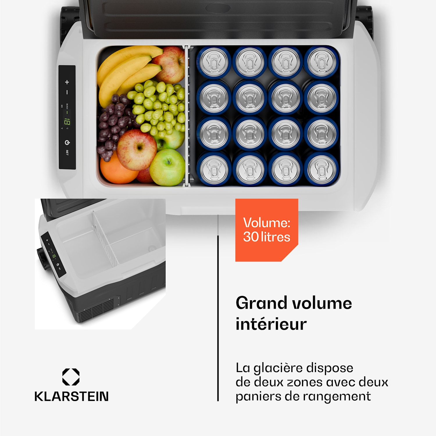 PolarForce 30 L Glacière à compresseur | panneau LCD | éclairage | tout-terrain | protection de la batterie | 12V/230V 30 L | Noir