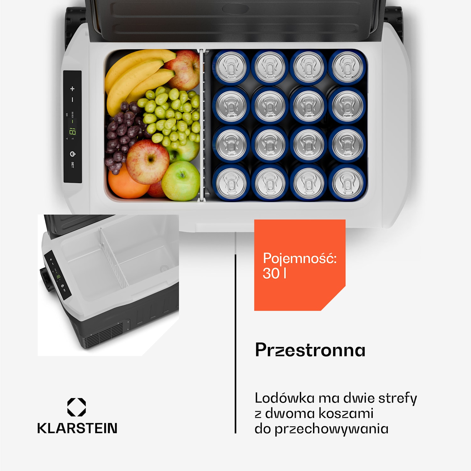 PolarForce 30L kompresorowa lodówka turystyczna, panel sterowania LCD, oświetlenie, off-road, ochrona akumulatora, 12 V/230 V 30 litrów | Czarny