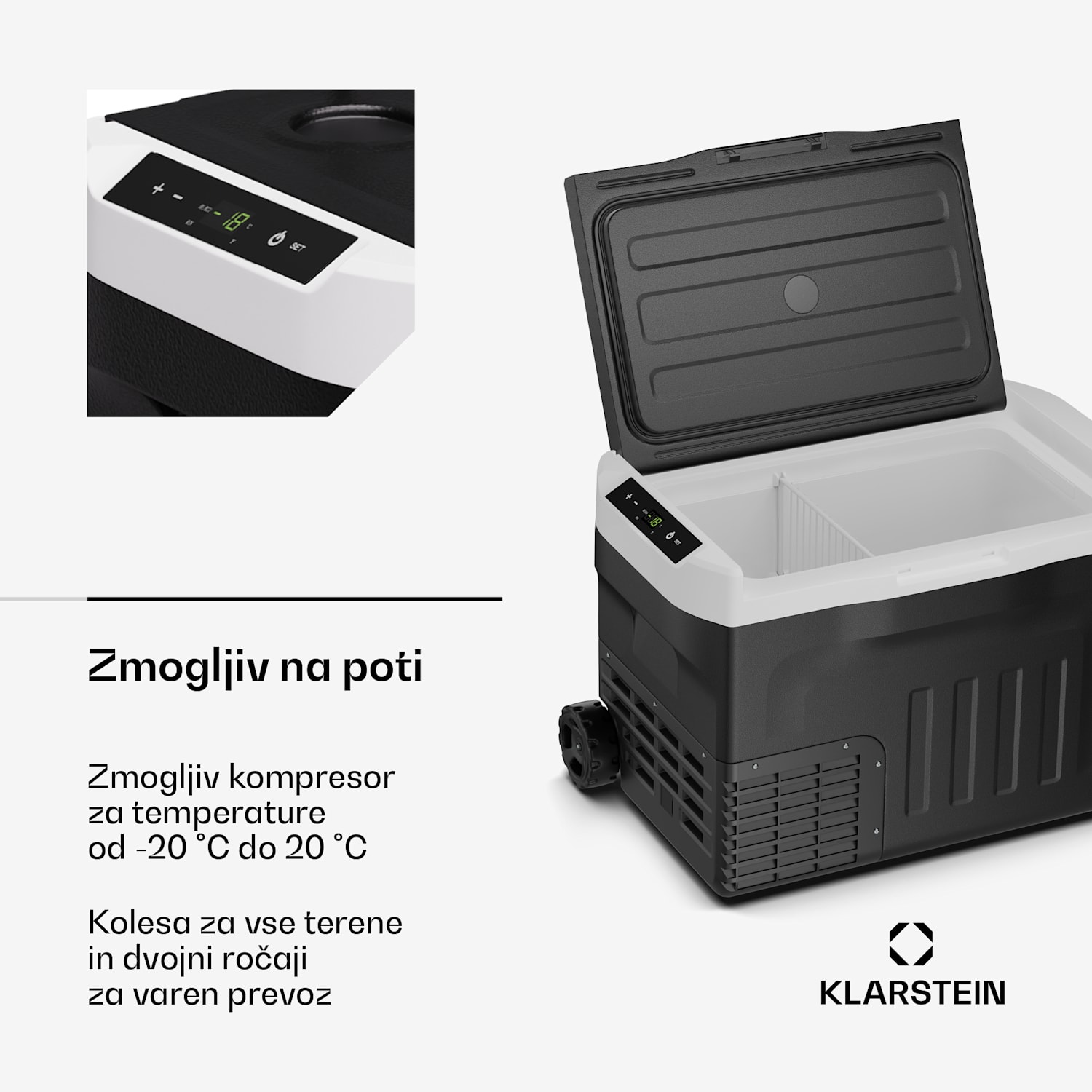 PolarForce 30L kompresorski prenosni hladilnik, LCD-plošča, osvetlitev, off-road, zaščita akumulatorja, 12V/230V 30 litrov | Črna