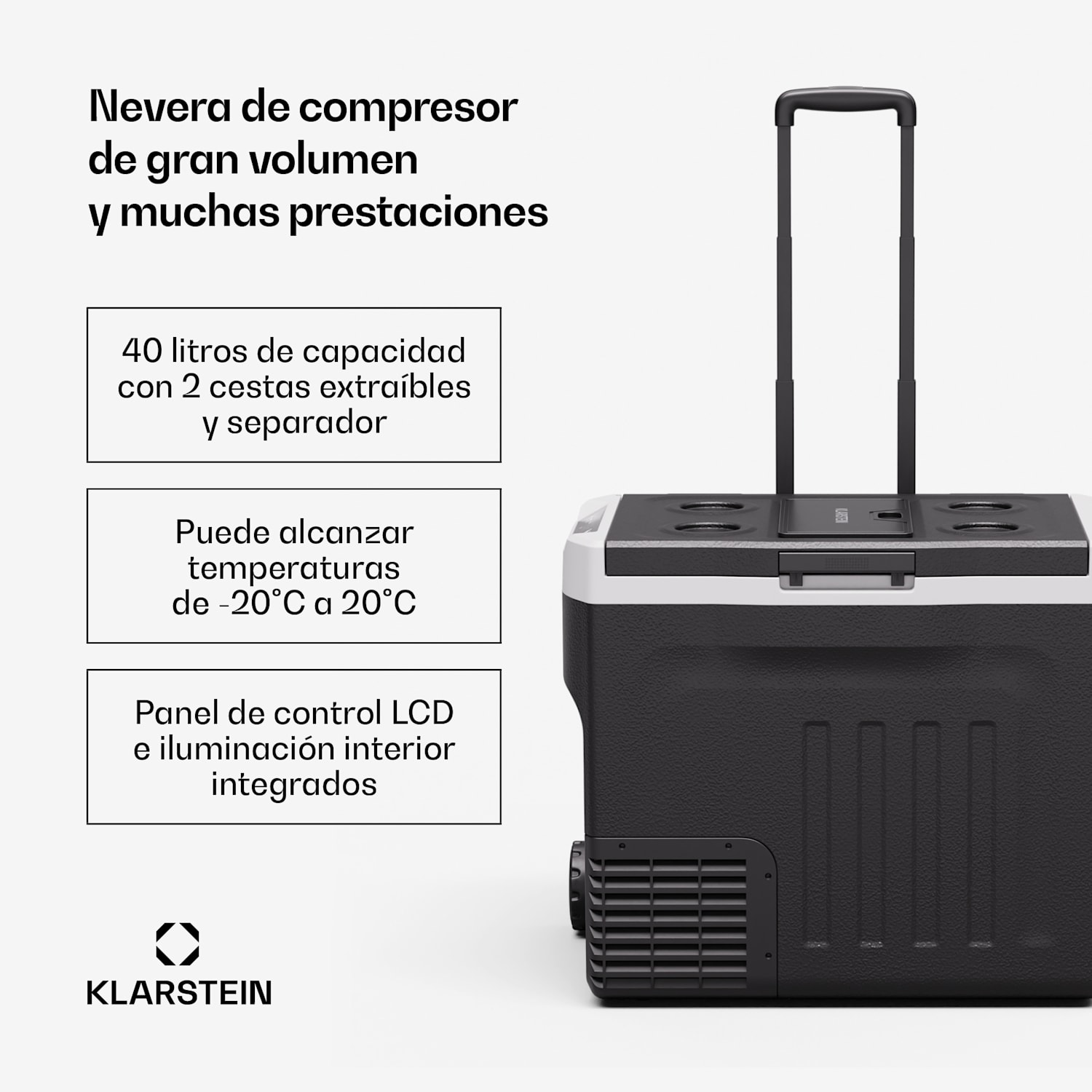 Nevera de compresor PolarForce 40L | Panel LCD | Iluminación | Todoterreno | Protección de batería | 12V/230V 40 L | Negro