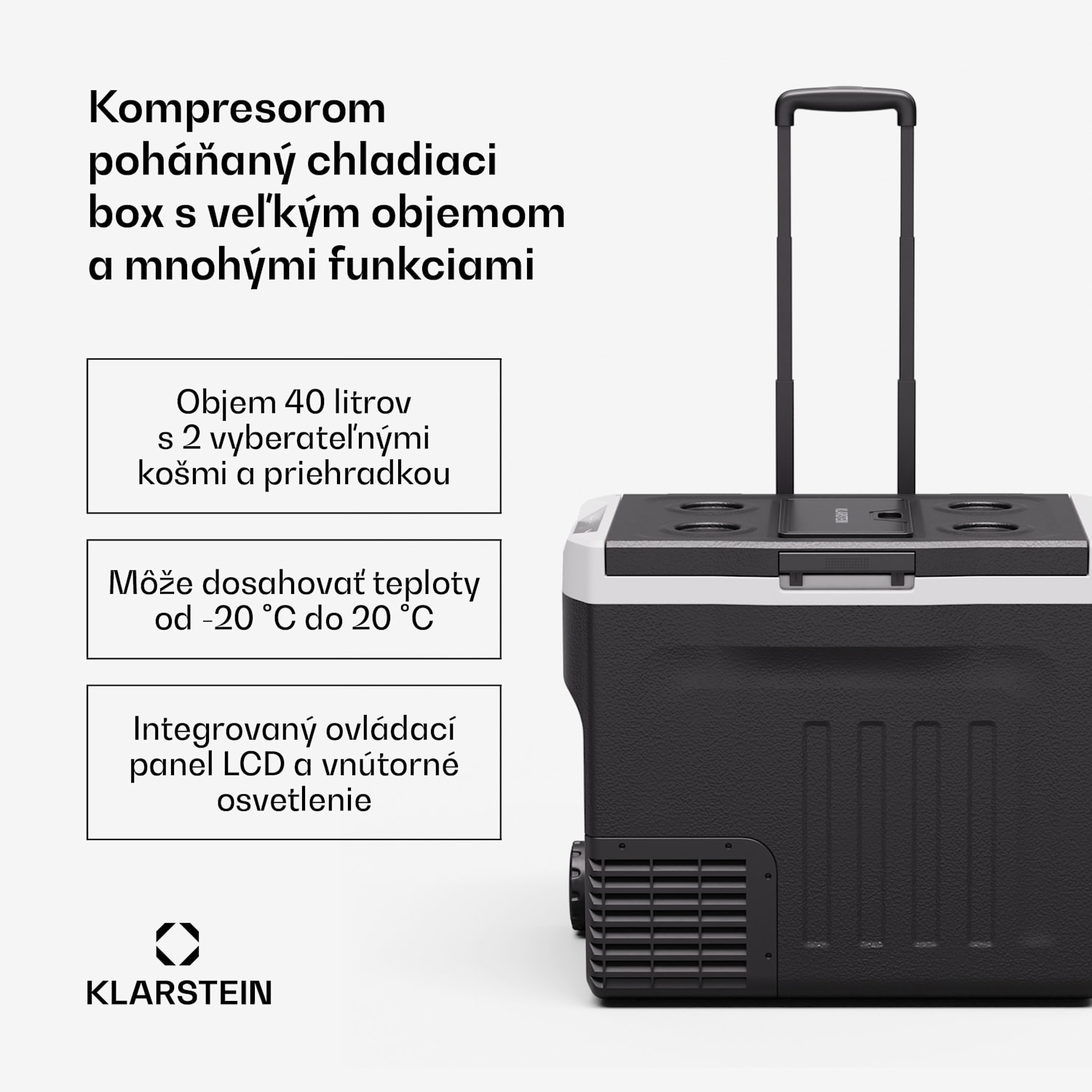 PolarForce 40L kompresorový chladiaci box| LCD panel, osvetlenie, off-road, ochrana batérie, 12V/230V 40 litrov | Čierna