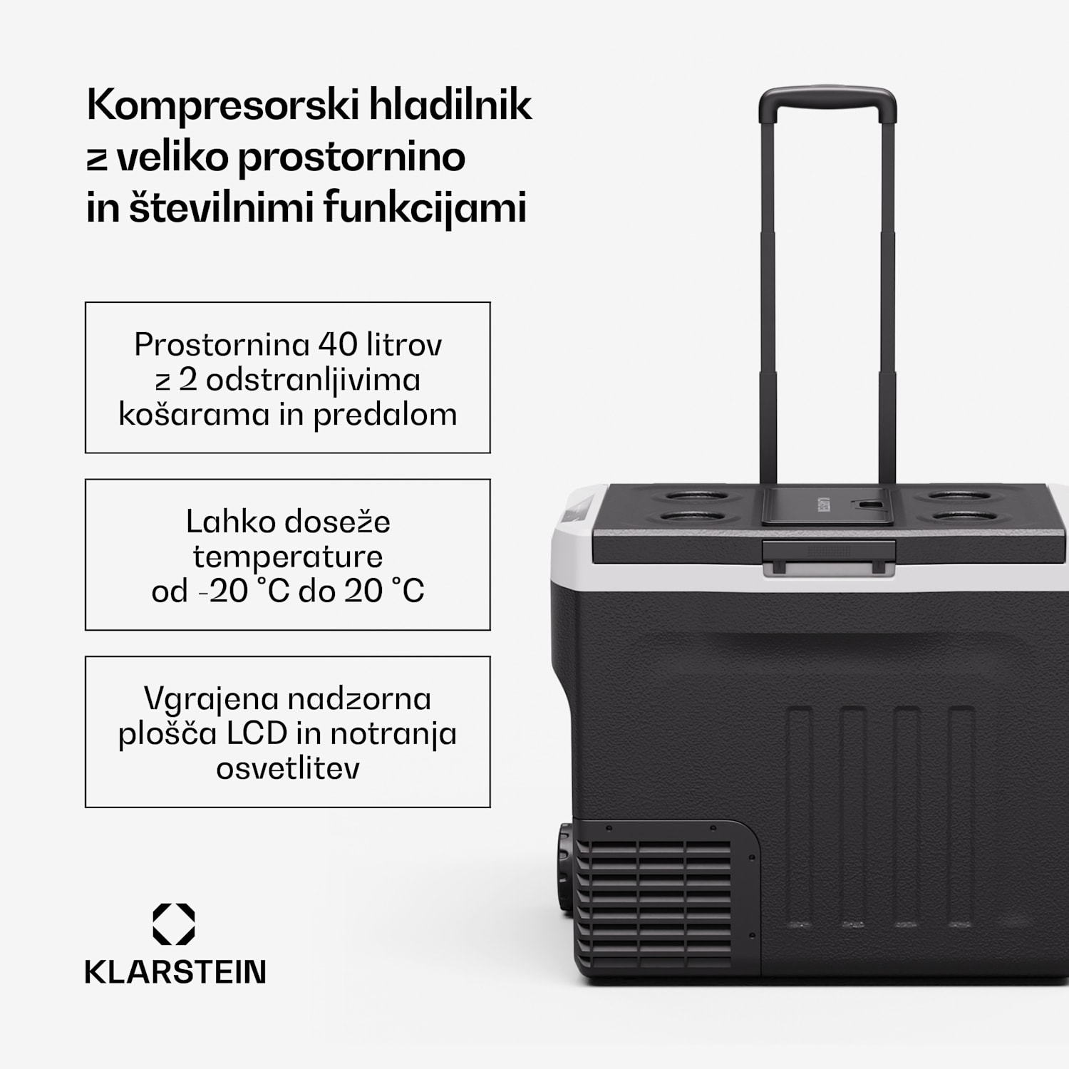 PolarForce 40L kompresorski prenosni hladilnik, LCD-plošča, osvetlitev, off-road, zaščita akumulatorja, 12V/230V 