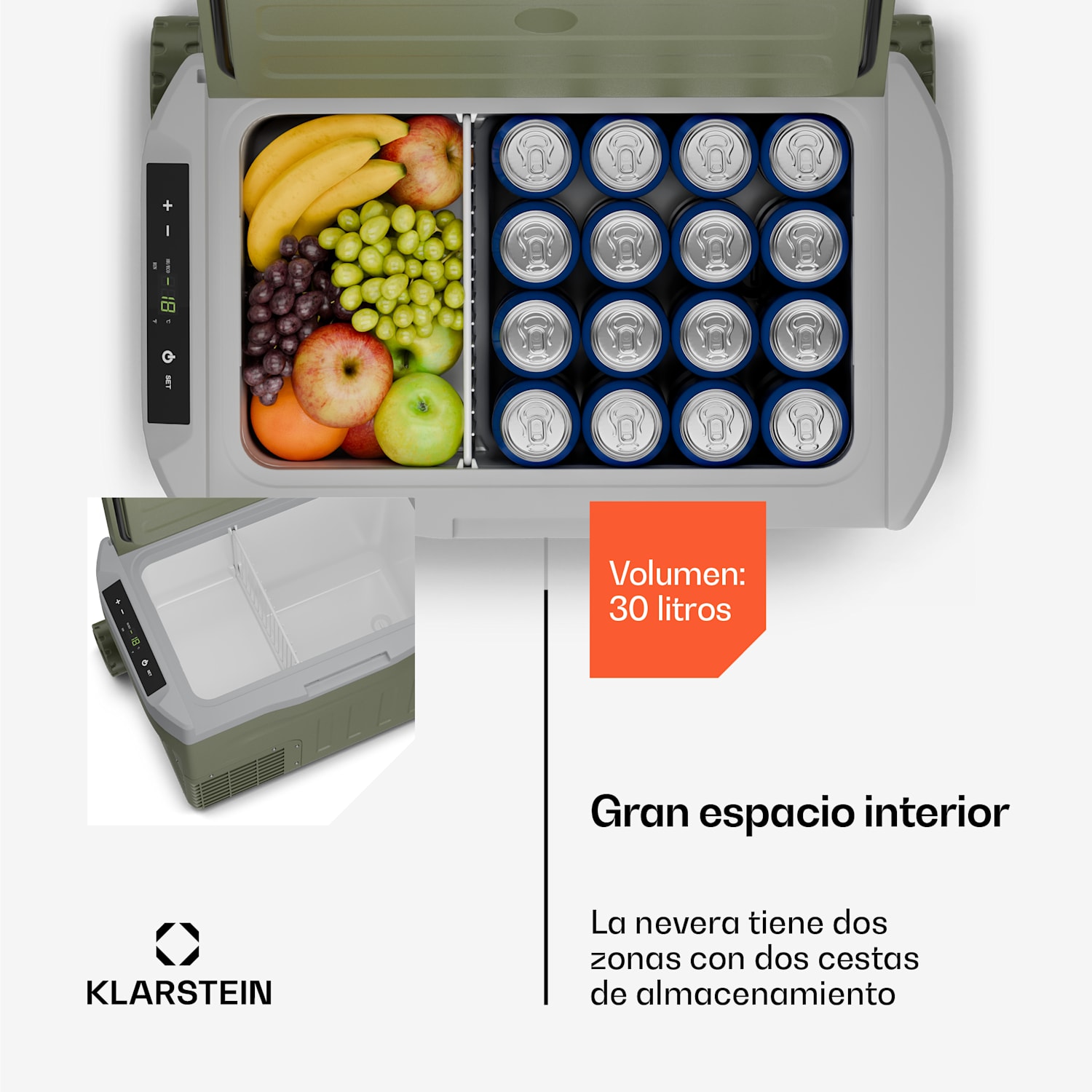 Nevera de compresor PolarForce 30L | Panel LCD | Iluminación | Todoterreno | Protección de batería | 12V/230V 30 L | Verde