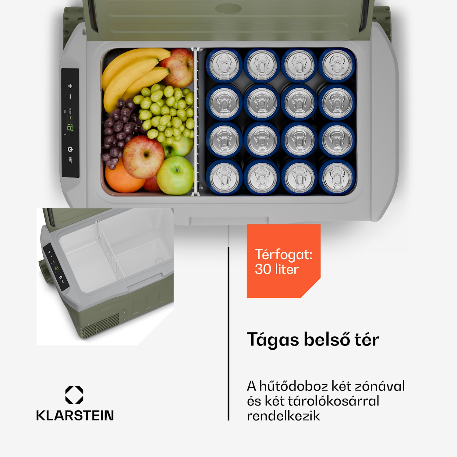 PolarForce 30L kompresszoros hűtődoboz, LCD panel, világítás, off-road, akkumulátorvédelem, 12V/230V 30 liter | Zöld