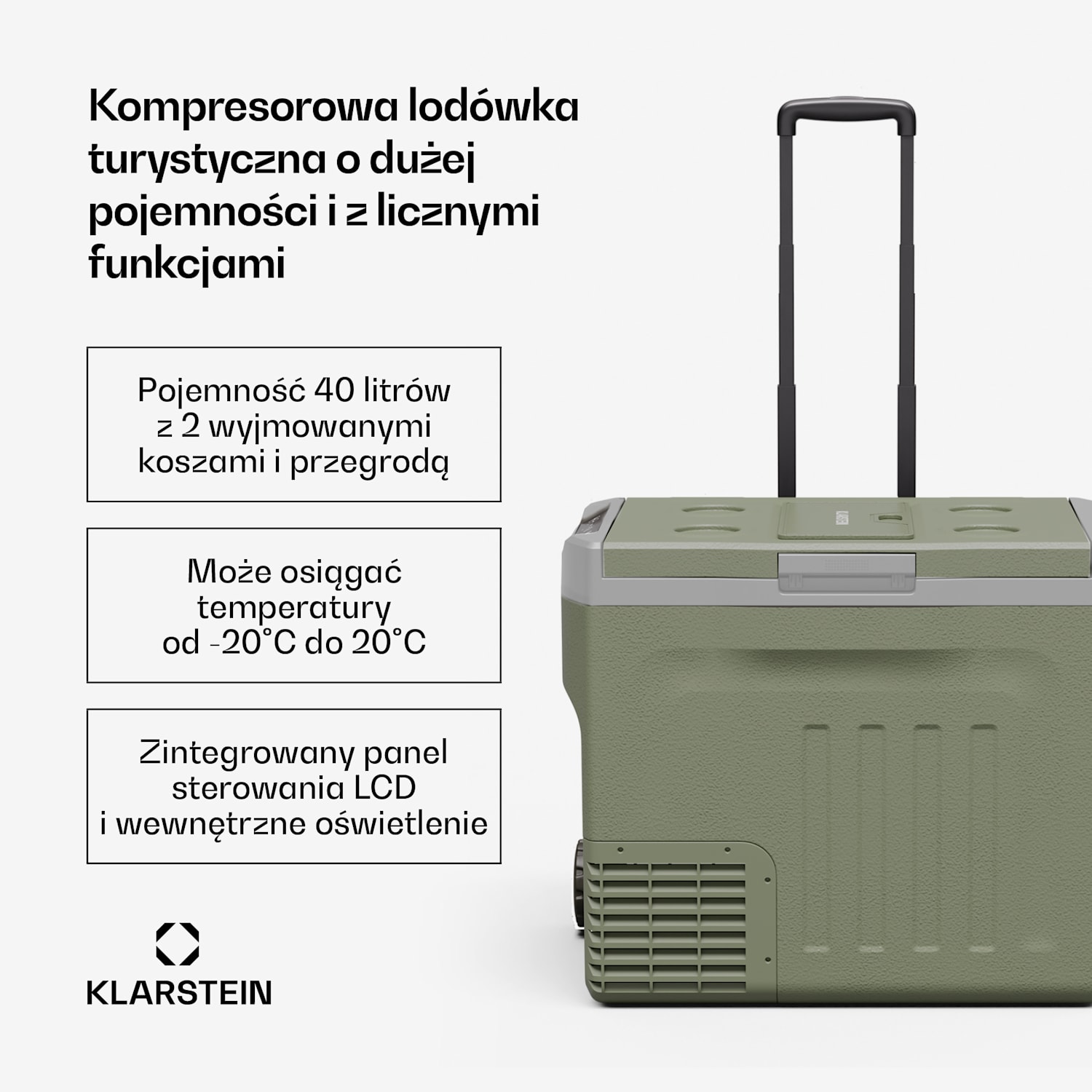 PolarForce 40L kompresorowa lodówka turystyczna, panel sterowania LCD, oświetlenie, off-road, ochrona akumulatora, 12 V/230 V 40 Ltr | Zielony