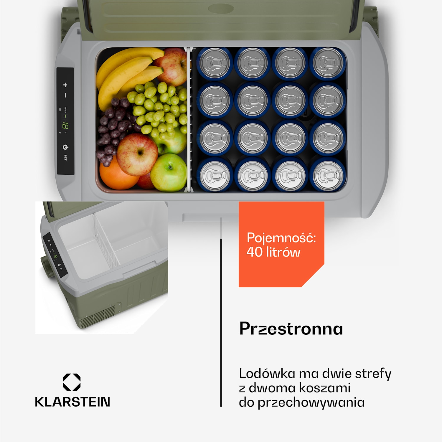 PolarForce 40L kompresorowa lodówka turystyczna, panel sterowania LCD, oświetlenie, off-road, ochrona akumulatora, 12 V/230 V 40 Ltr | Zielony
