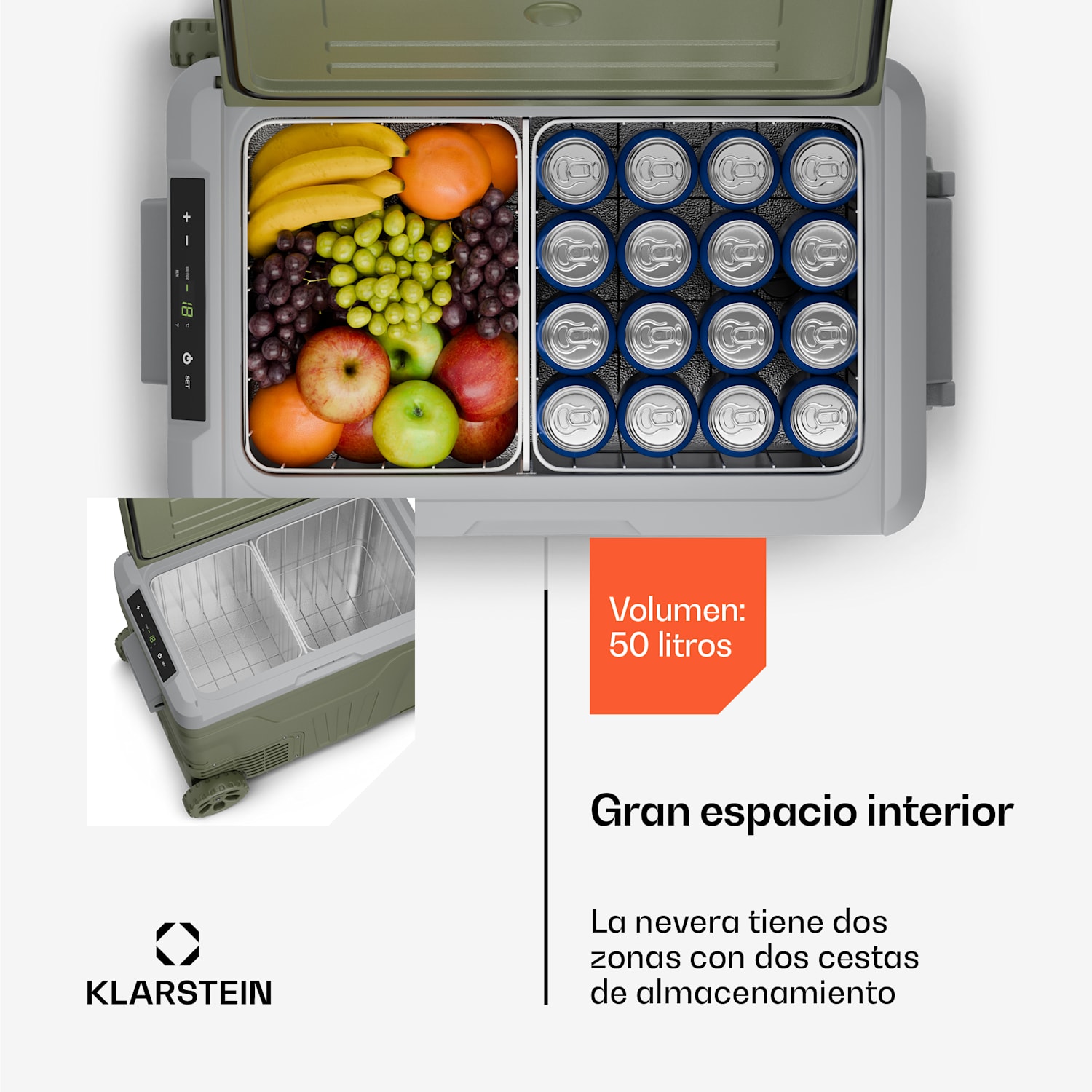 Nevera de compresor PolarForce 50L | Panel LCD | Iluminación | Todoterreno | Protección de batería | 12V/230V 50 L | Verde