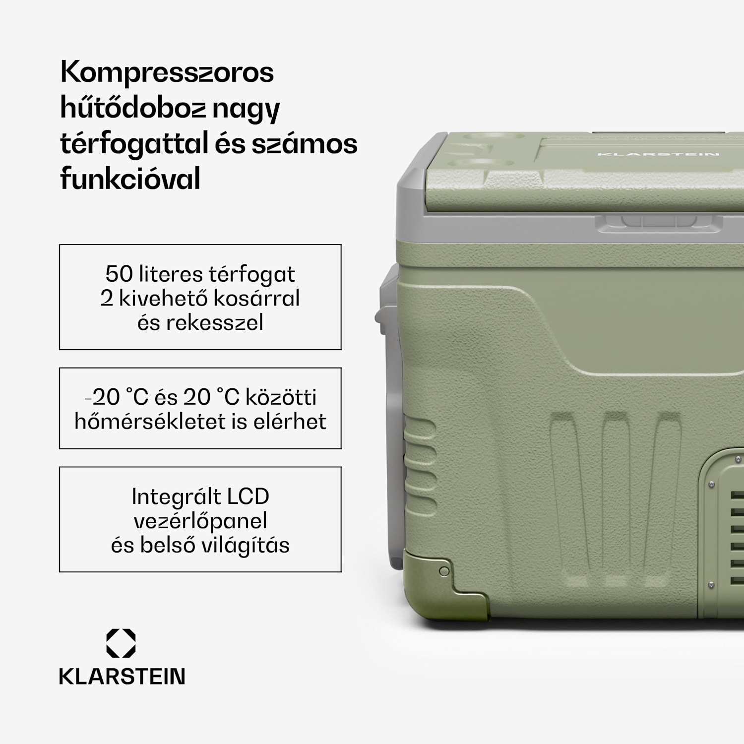 PolarForce 50L kompresszoros hűtődoboz, LCD panel, világítás, off-road, akkumulátorvédelem, 12V/230V 50 liter | Zöld