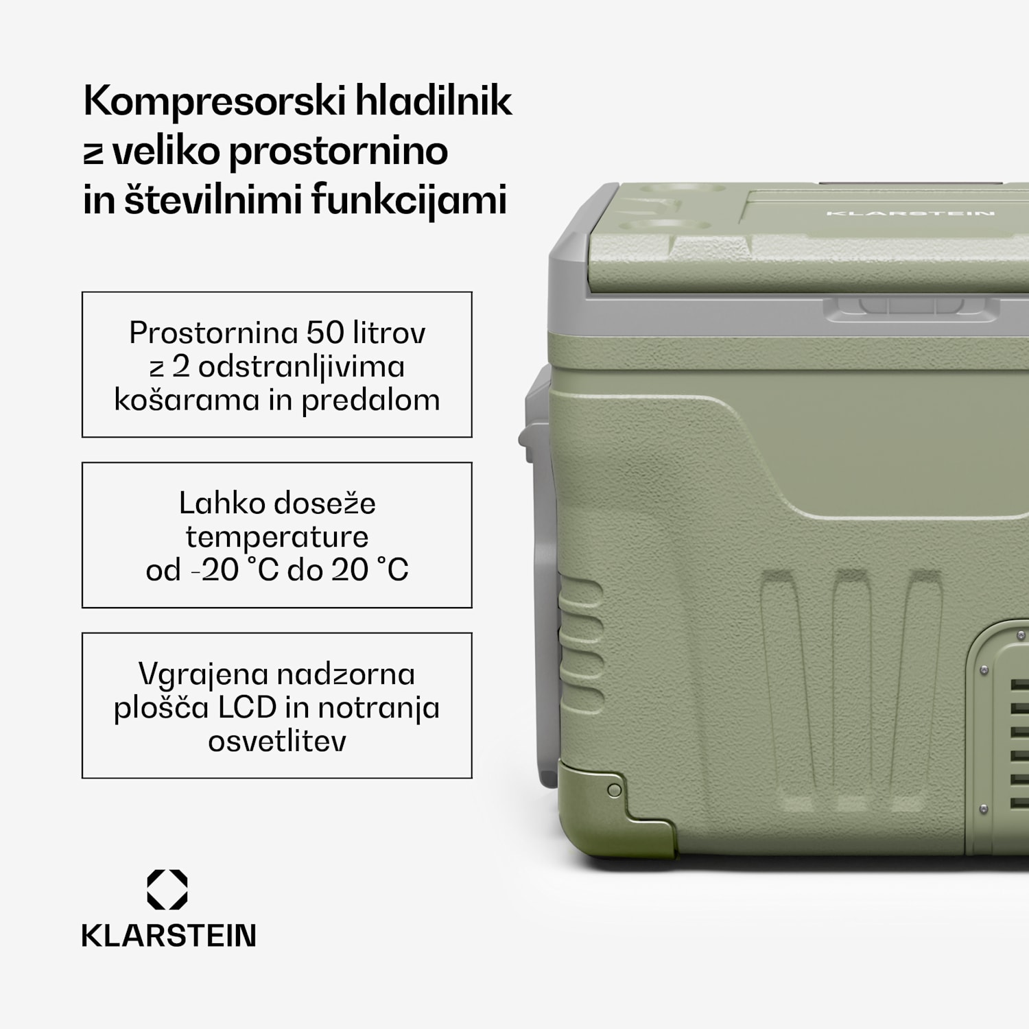 PolarForce 50L kompresorski prenosni hladilnik, LCD-plošča, osvetlitev, off-road, zaščita akumulatorja, 12V/230V 50 litrov | Zelena