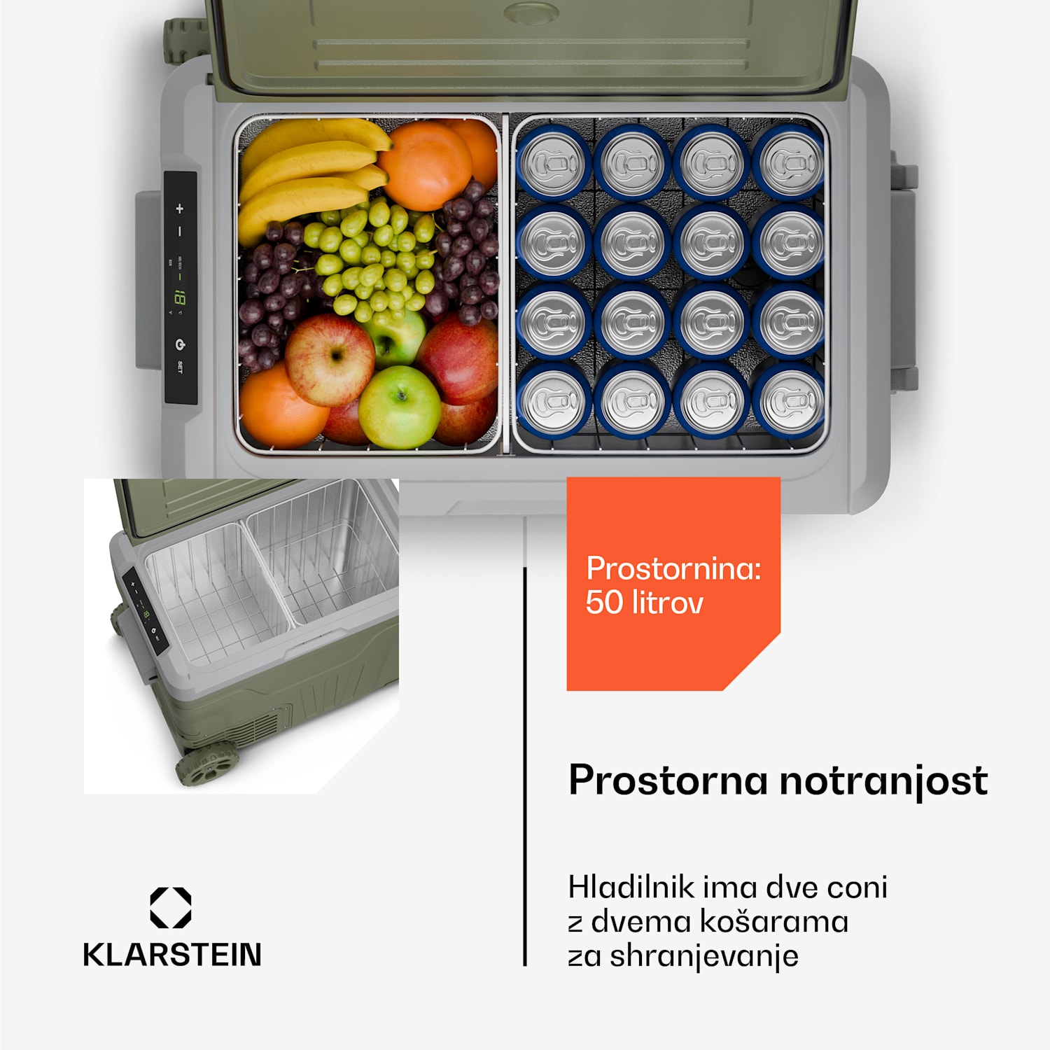 PolarForce 50L kompresorski prenosni hladilnik, LCD-plošča, osvetlitev, off-road, zaščita akumulatorja, 12V/230V 50 litrov | Zelena