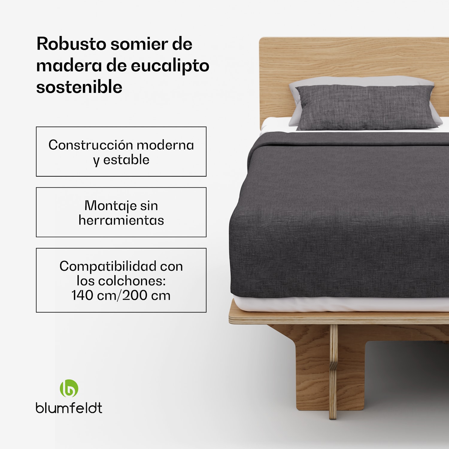 NordicAura Double Somier doble | 140 cm x 200 cm | robusto | sin herramientas | madera de eucalipto | estante 140 cm | Roble
