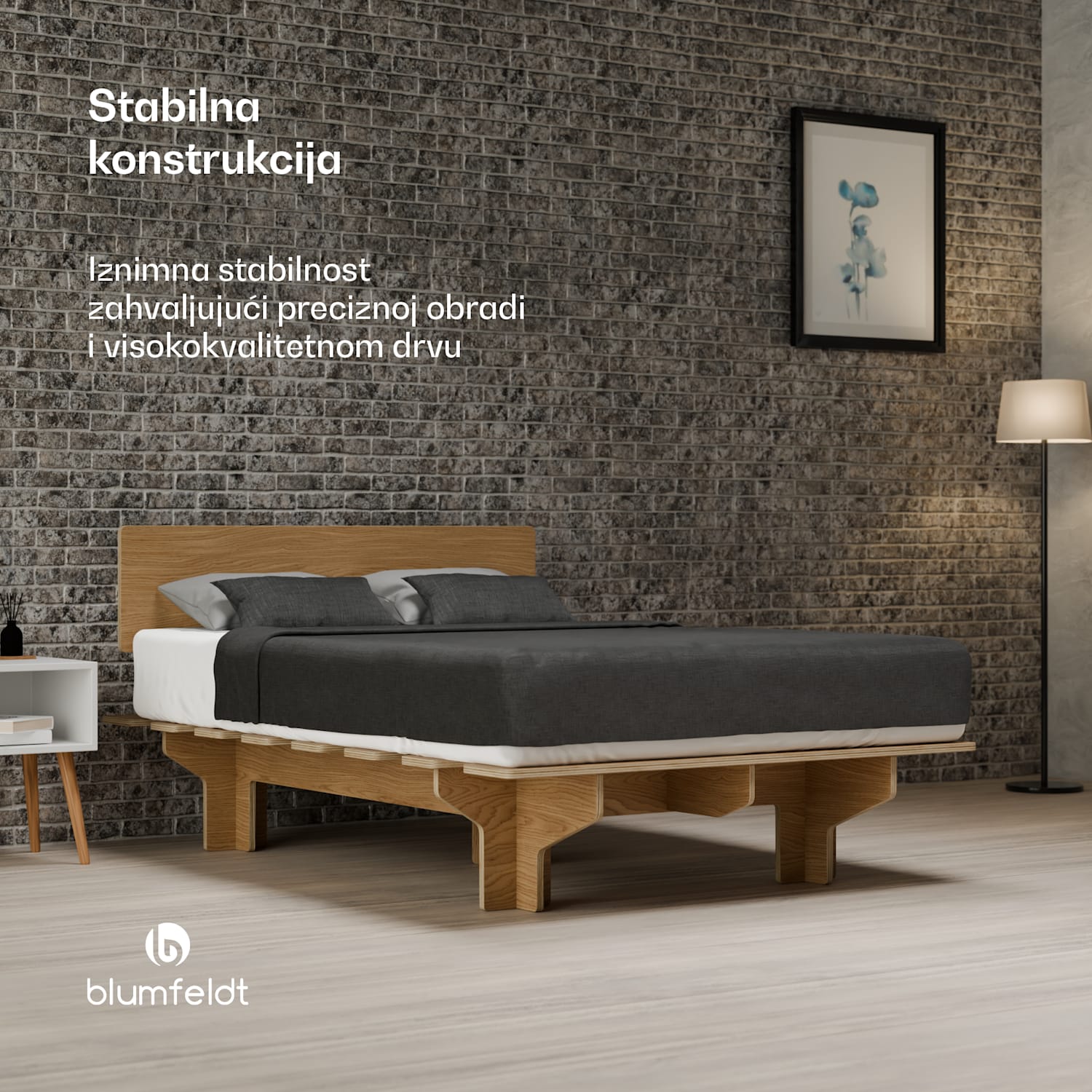 NordicAura Dupli okvir bračnog kreveta, 140 cm x 200 cm, robustan, bez alata, drvo eukaliptusa, polica 140 cm | Hrast